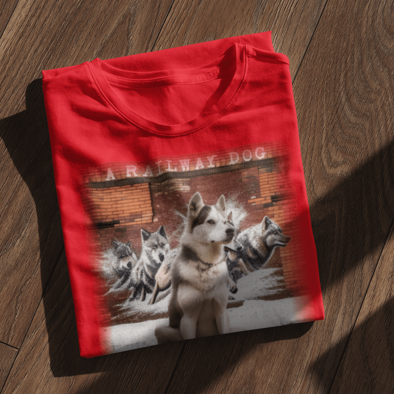 T-shirt featuring a Siberian Husky dog.