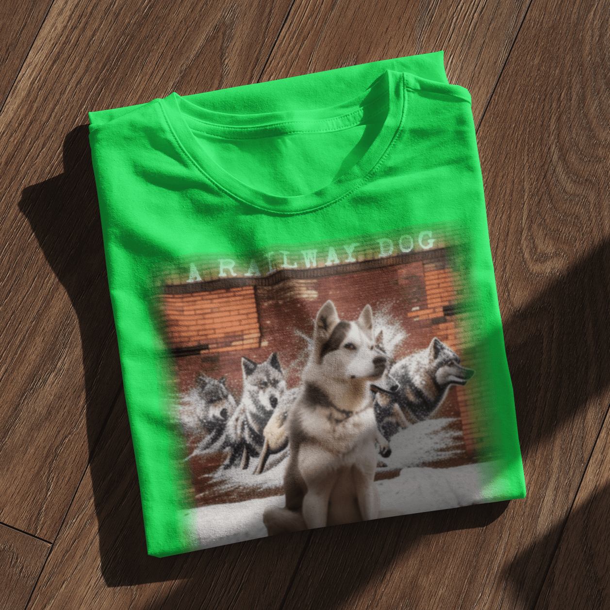 T-shirt featuring a Siberian Husky dog.