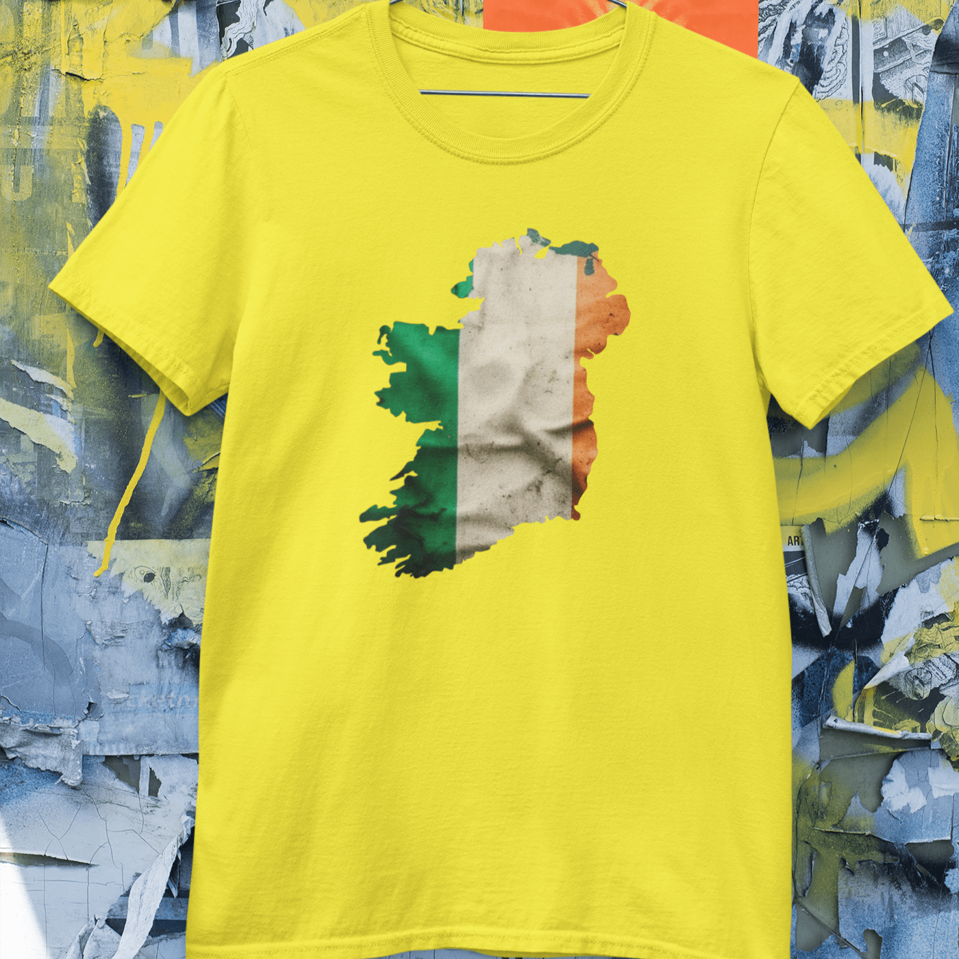 Green, white, and orange Irish flag graphic on a t-shirt.