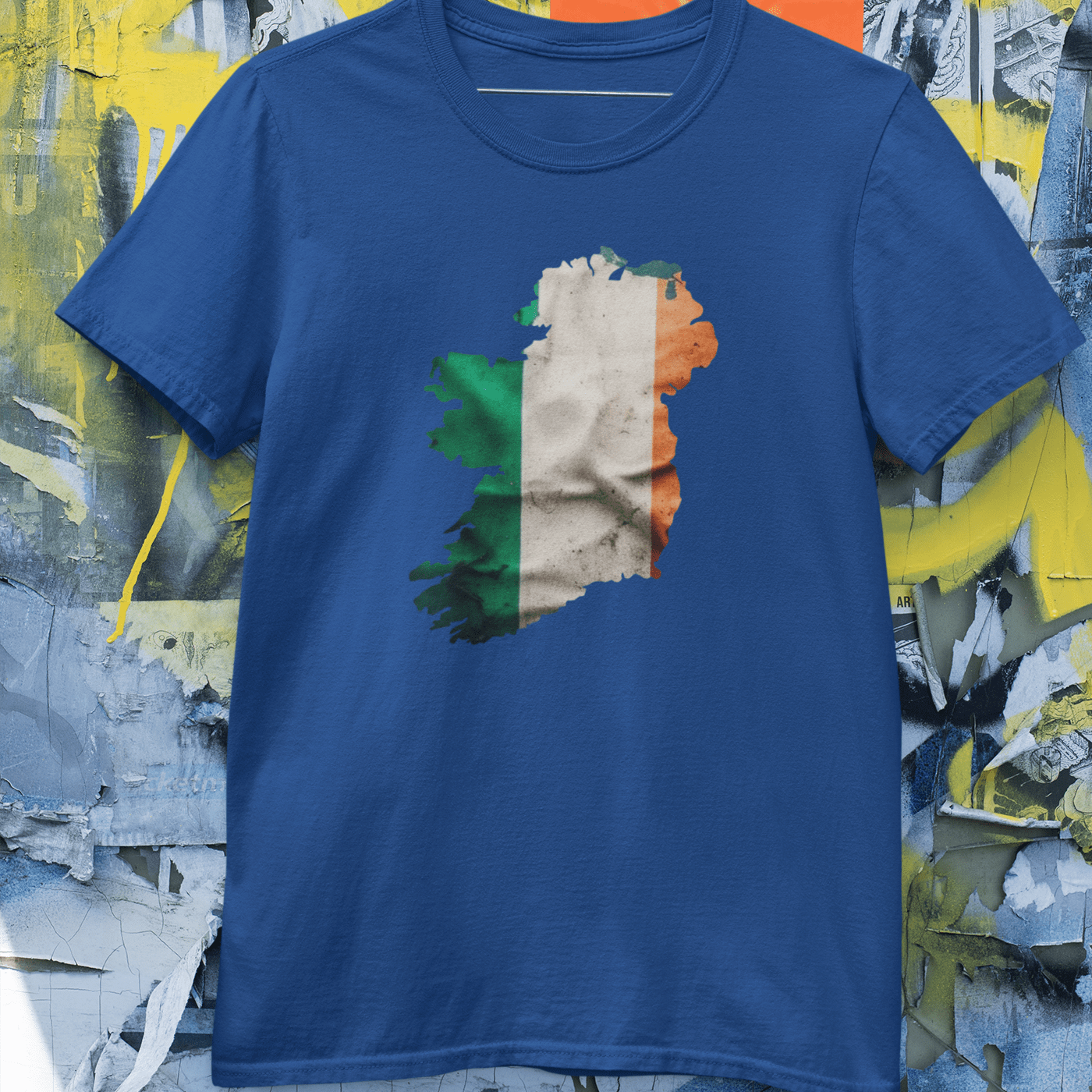 Green, white, and orange Irish flag graphic on a t-shirt.