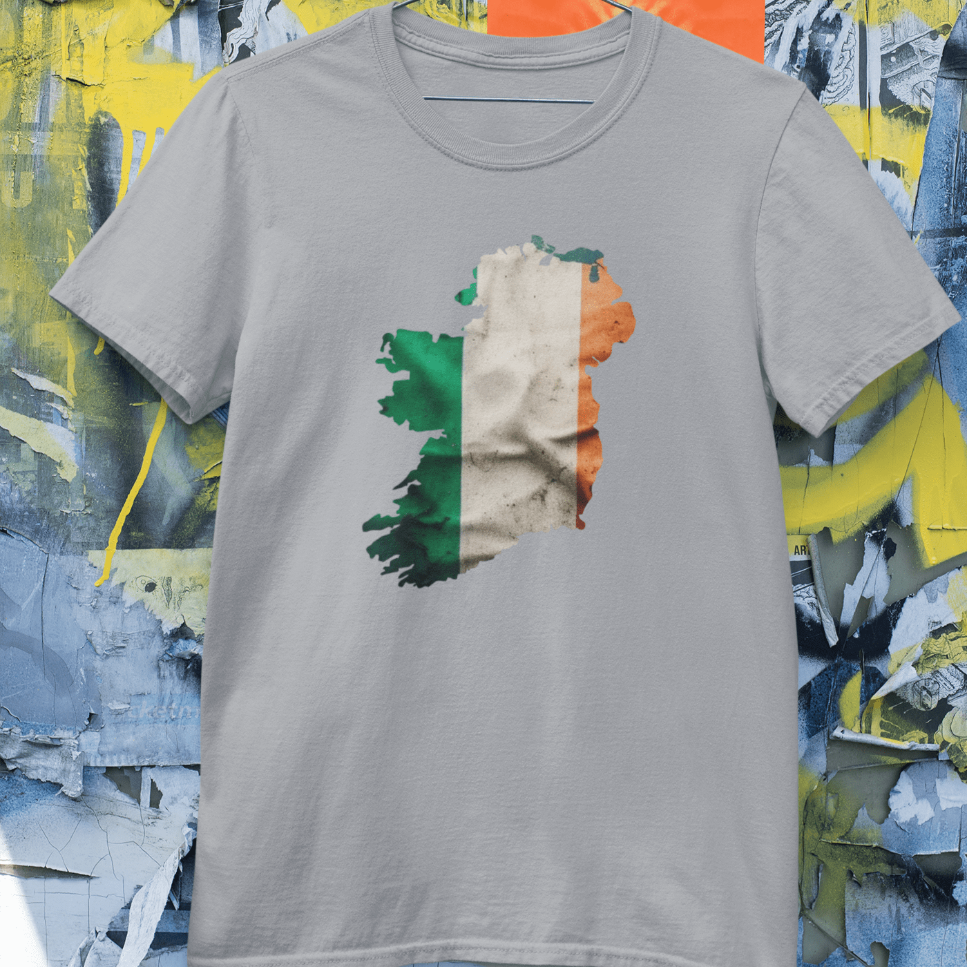 Green, white, and orange Irish flag graphic on a t-shirt.