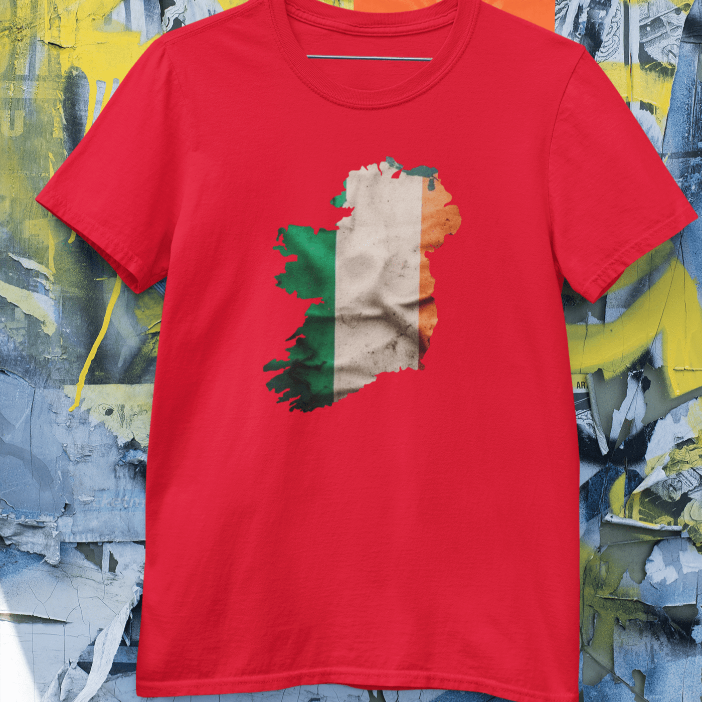 Green, white, and orange Irish flag graphic on a t-shirt.