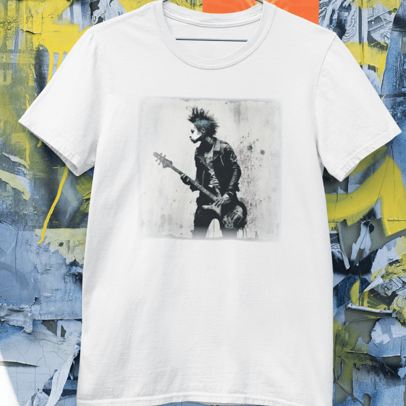 T-shirt featuring a punk rock bass guitarist.