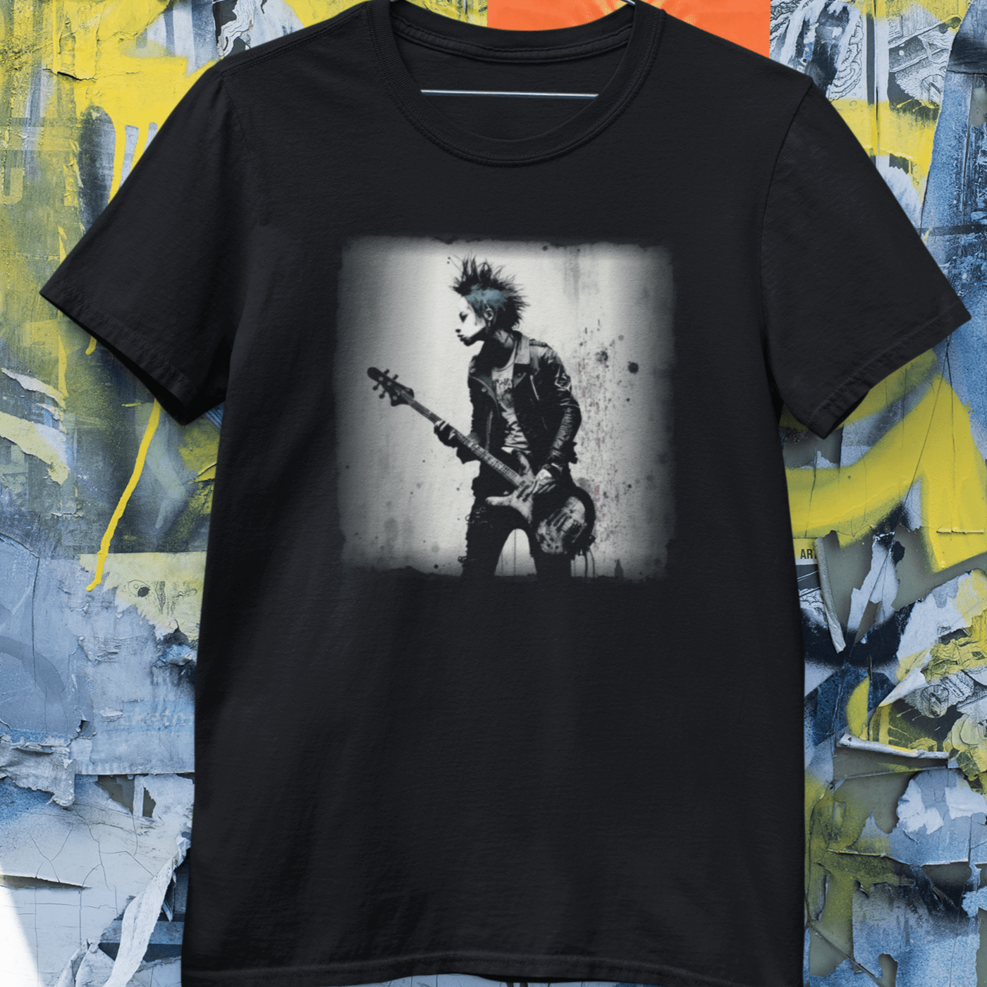 T-shirt featuring a punk rock bass guitarist.