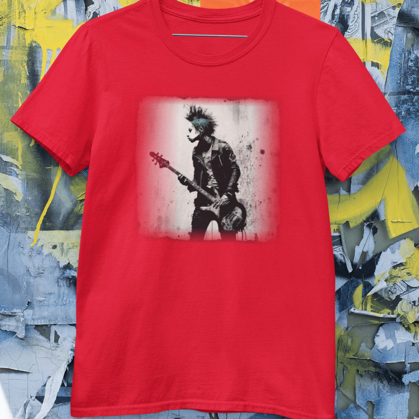T-shirt featuring a punk rock bass guitarist.