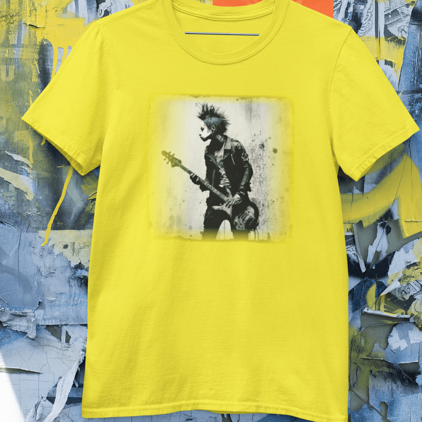 T-shirt featuring a punk rock bass guitarist.
