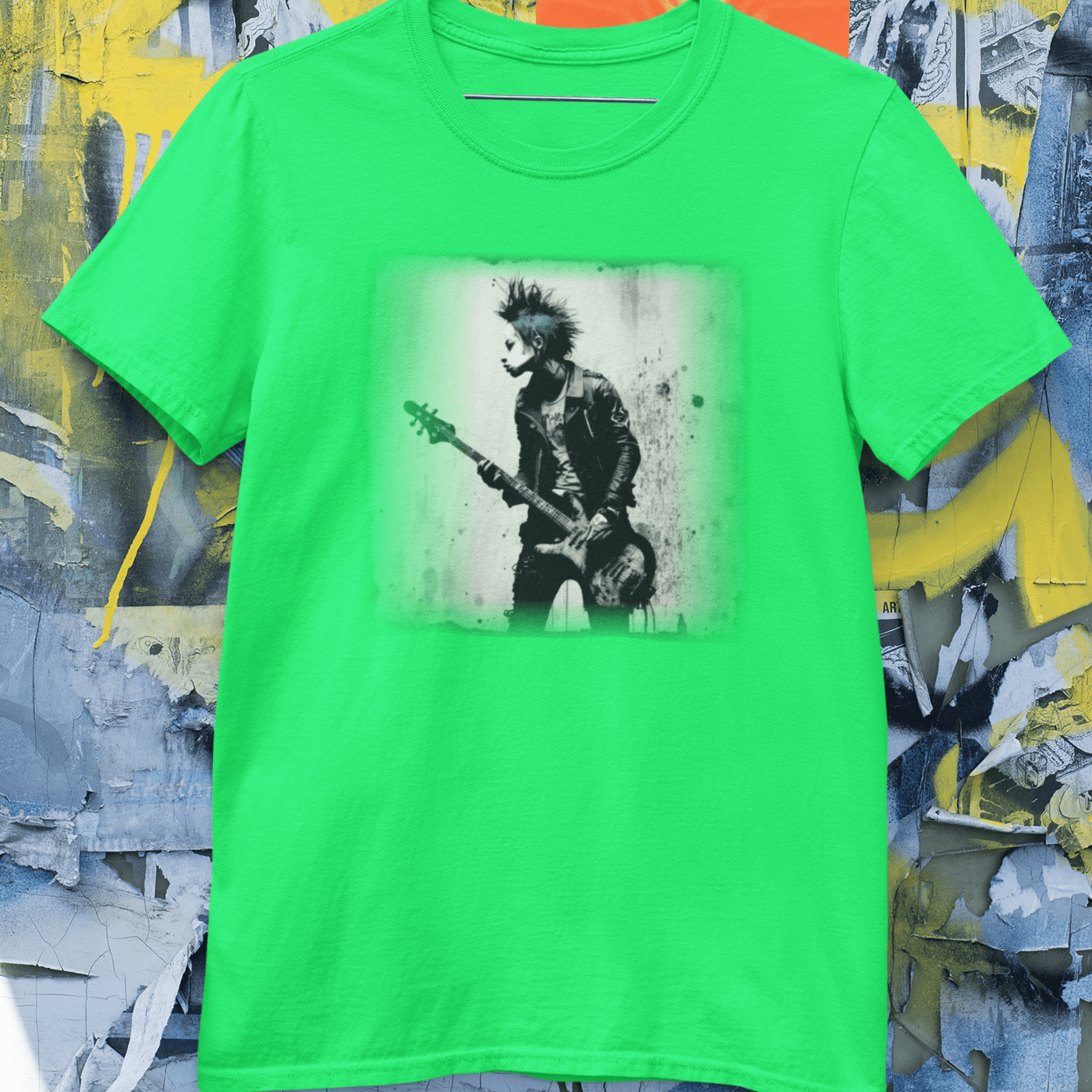 T-shirt featuring a punk rock bass guitarist.