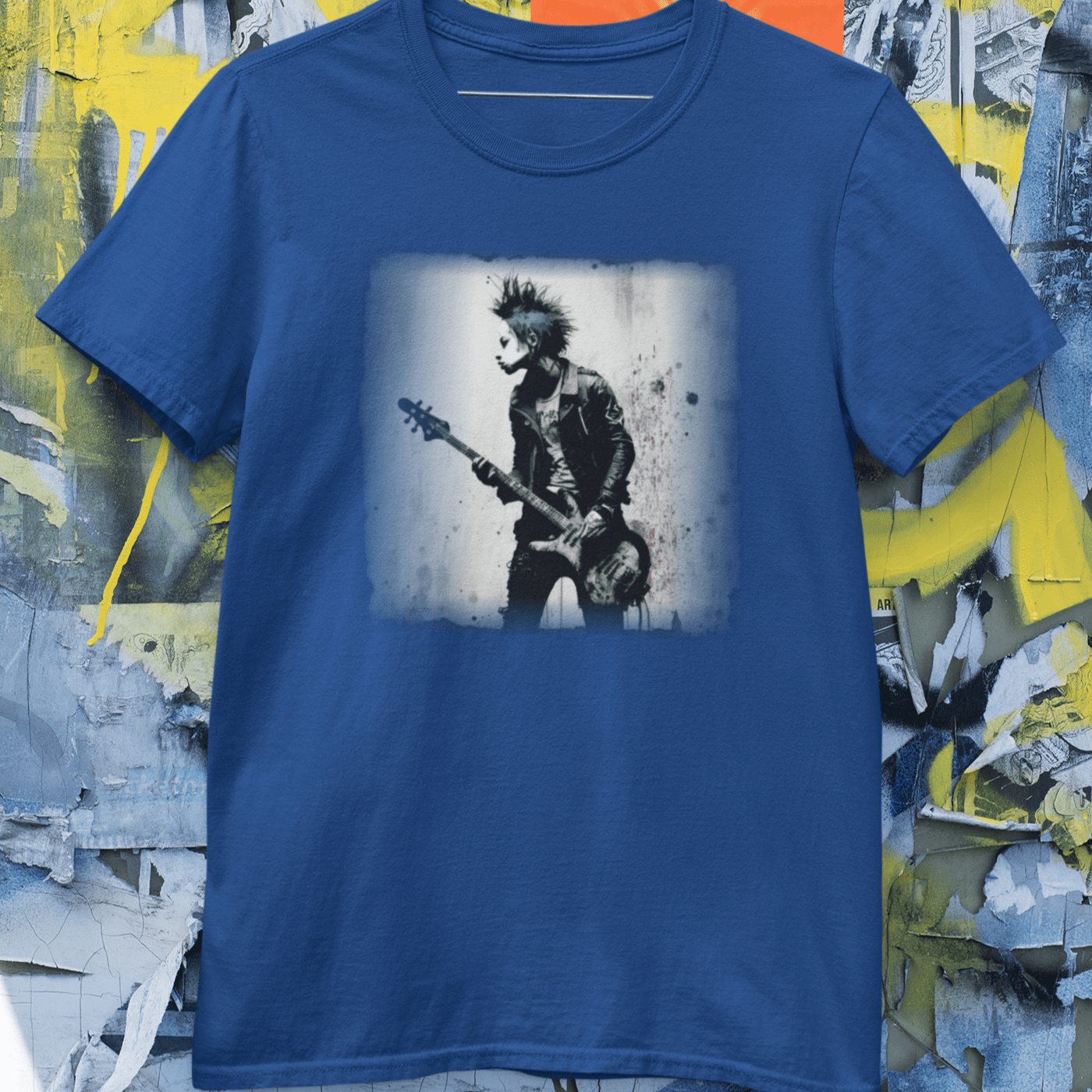 T-shirt featuring a punk rock bass guitarist.