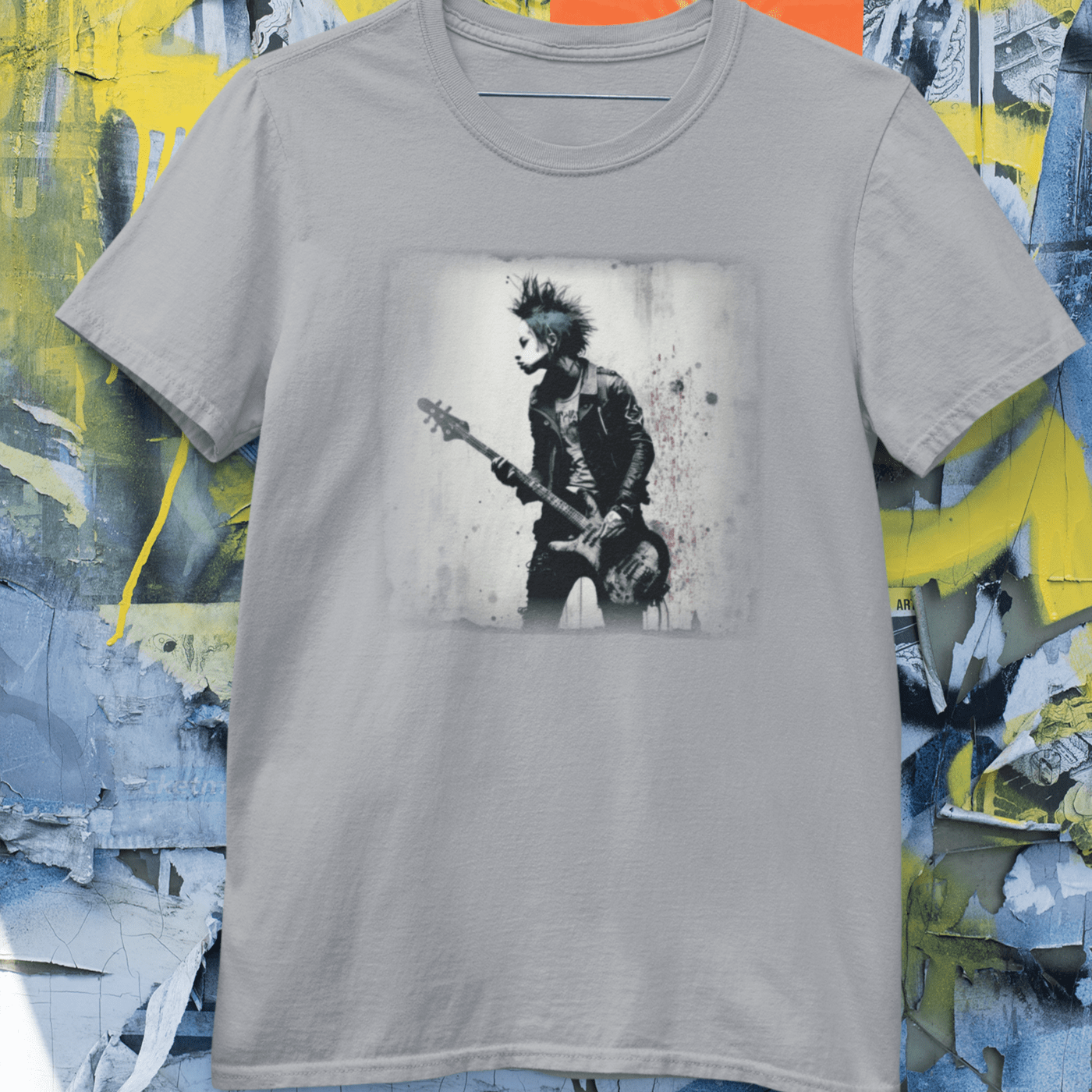 T-shirt featuring a punk rock bass guitarist.