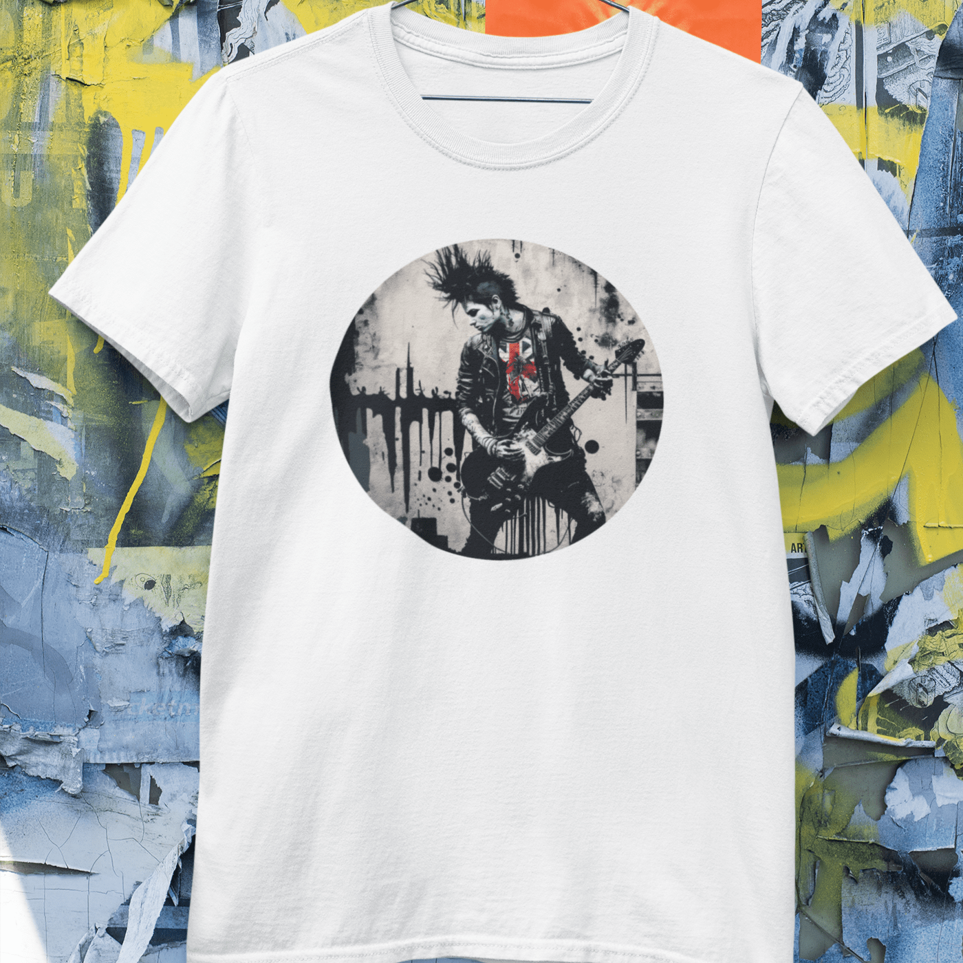 A graphic tee with an image of a punk rock guitarist shredding on stage