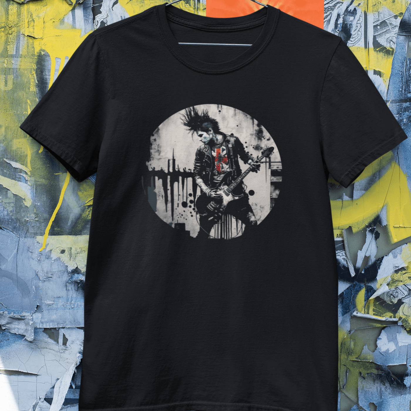 A graphic tee with an image of a punk rock guitarist shredding on stage