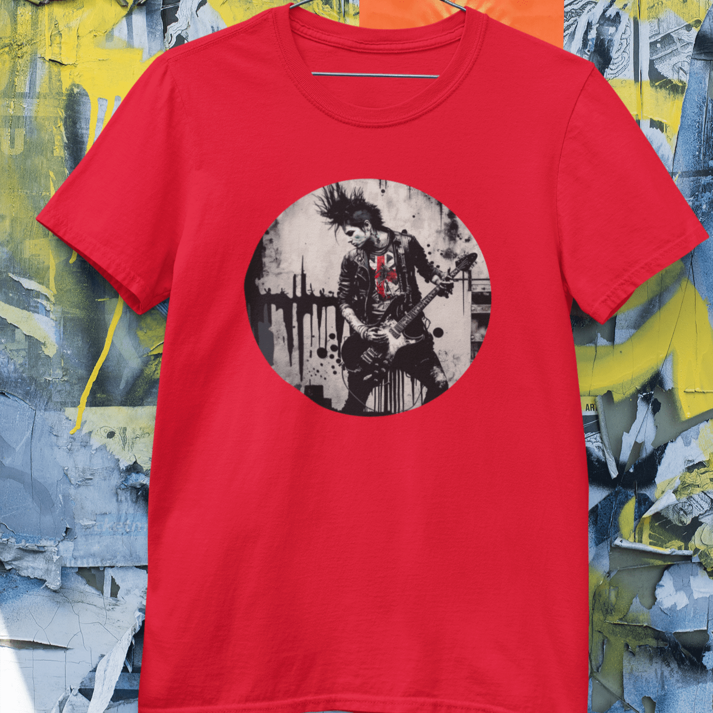 A graphic tee with an image of a punk rock guitarist shredding on stage