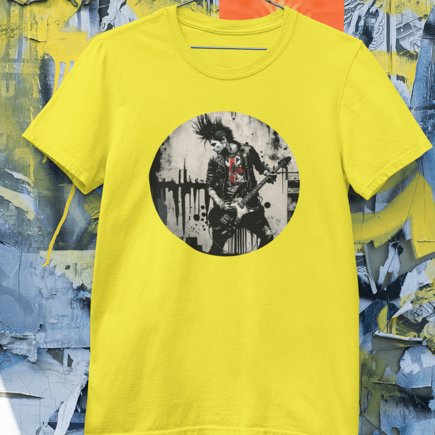 A graphic tee with an image of a punk rock guitarist shredding on stage
