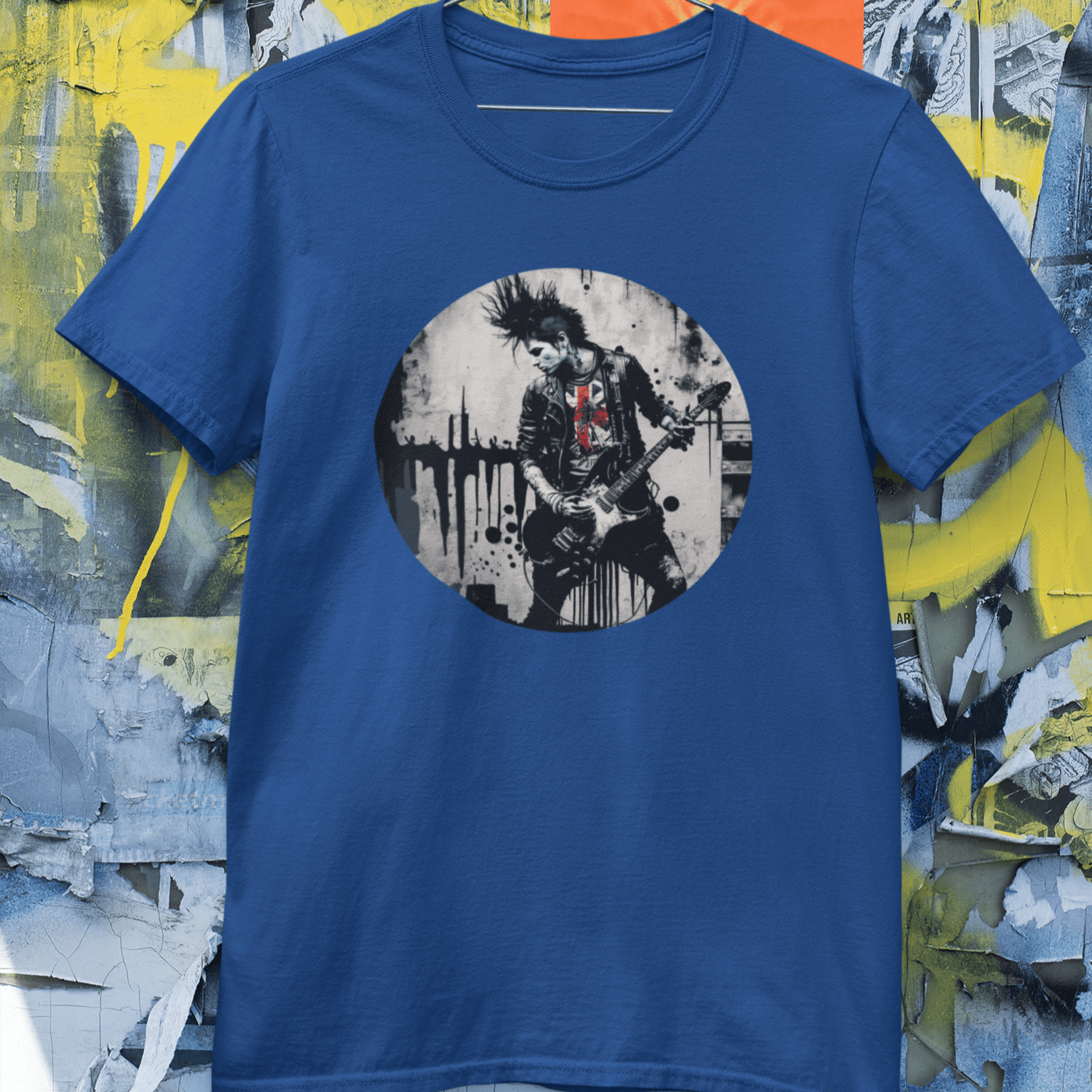 A graphic tee with an image of a punk rock guitarist shredding on stage
