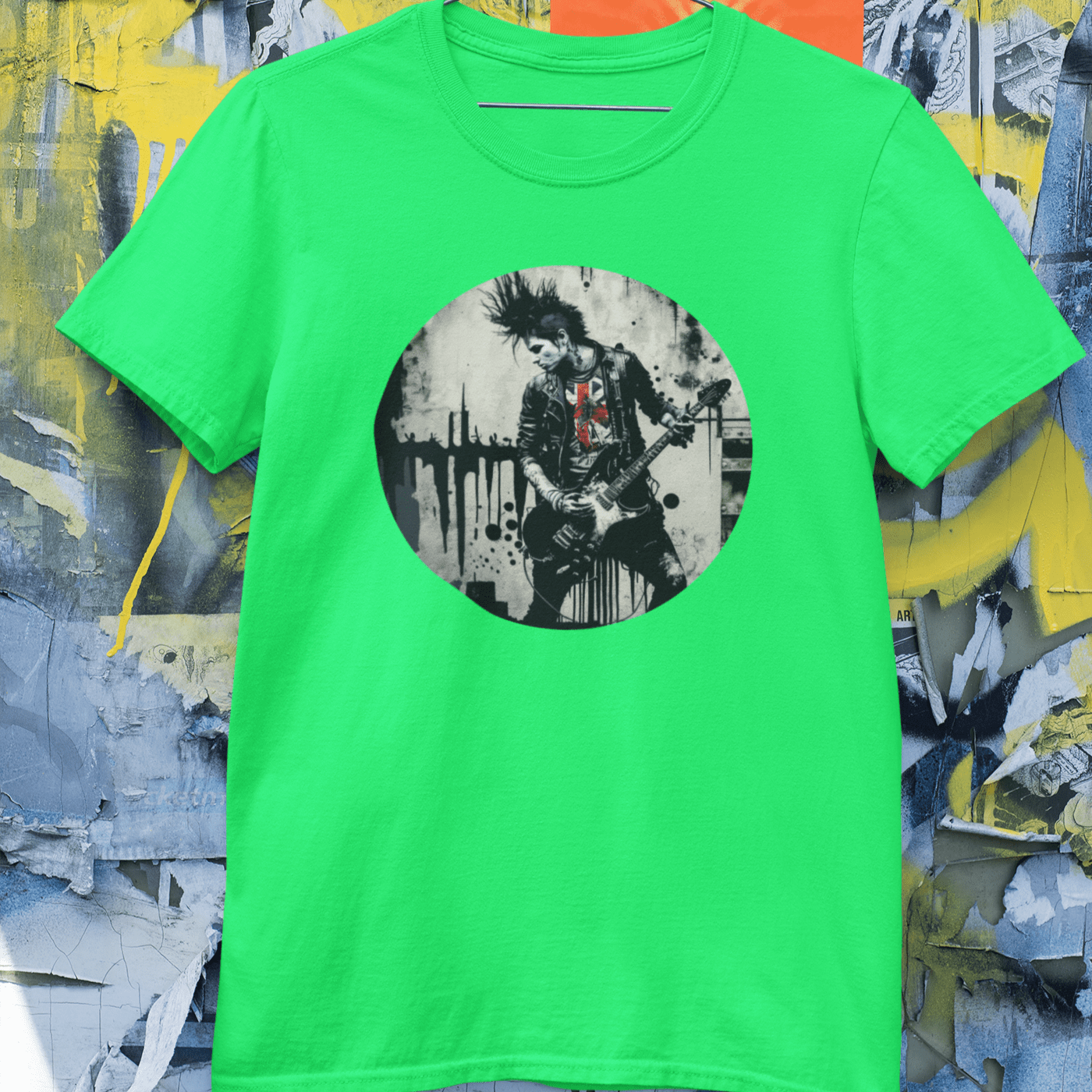 A graphic tee with an image of a punk rock guitarist shredding on stage