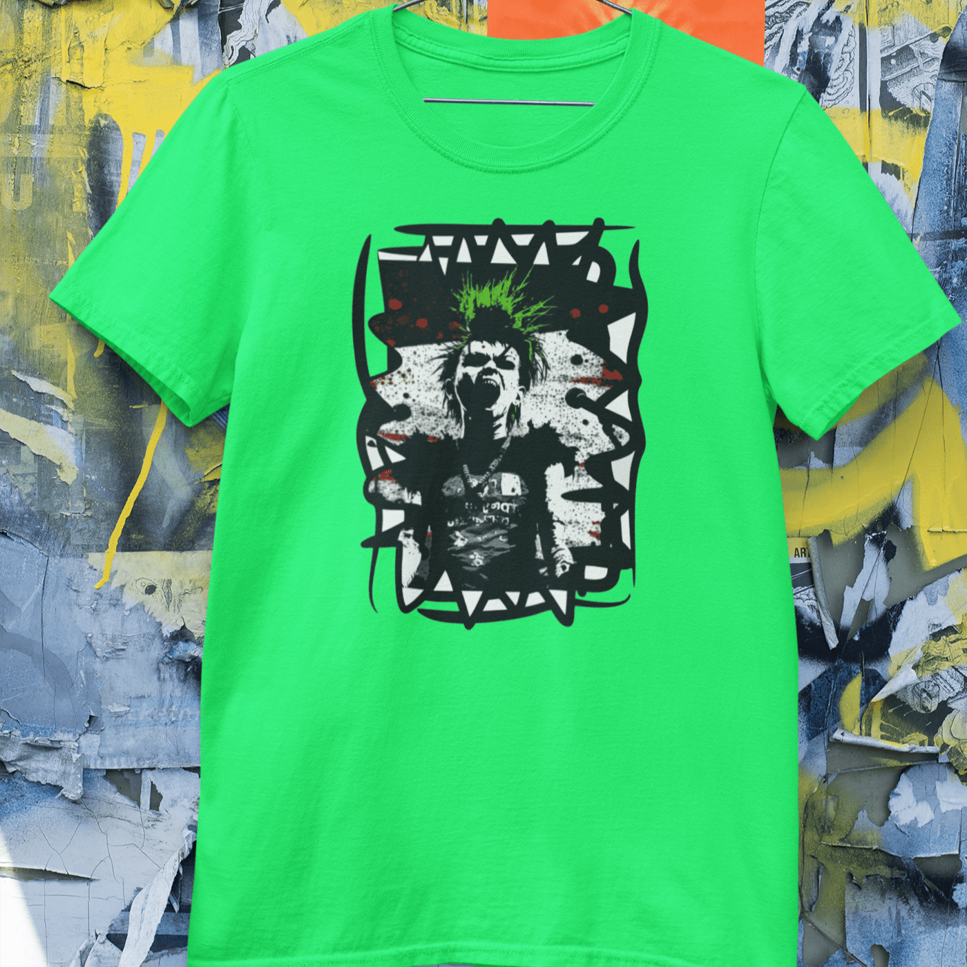 t-shirt featuring a bold graphic of a punk singer with spiked hair, holding a microphone and singing passionately.