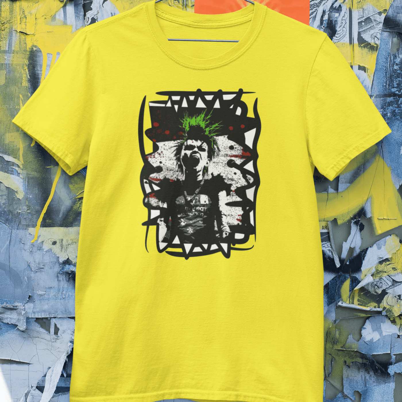 t-shirt featuring a bold graphic of a punk singer with spiked hair, holding a microphone and singing passionately.