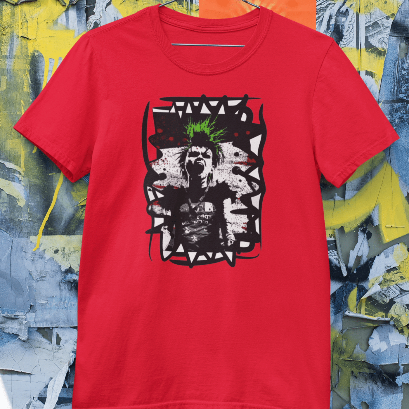 t-shirt featuring a bold graphic of a punk singer with spiked hair, holding a microphone and singing passionately.