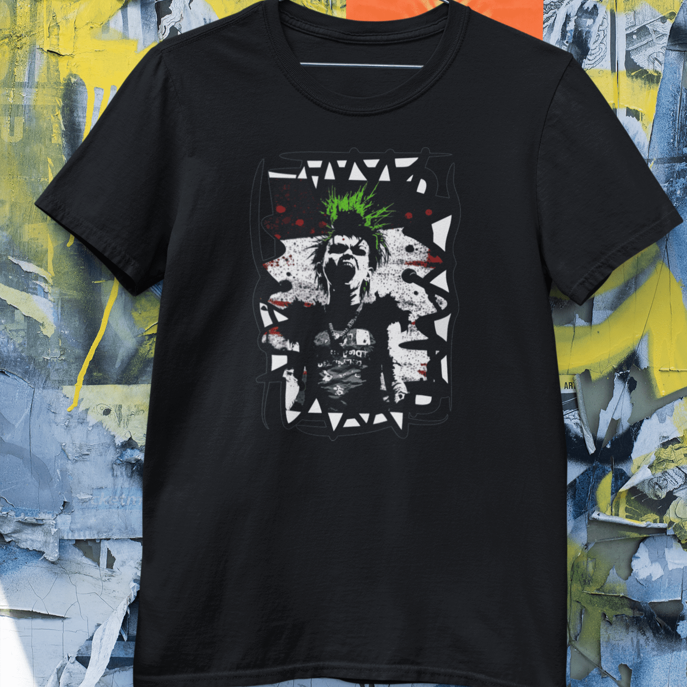 t-shirt featuring a bold graphic of a punk singer with spiked hair, holding a microphone and singing passionately.
