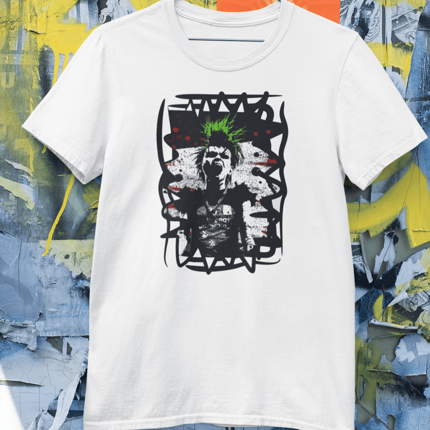 t-shirt featuring a bold graphic of a punk singer with spiked hair, holding a microphone and singing passionately.
