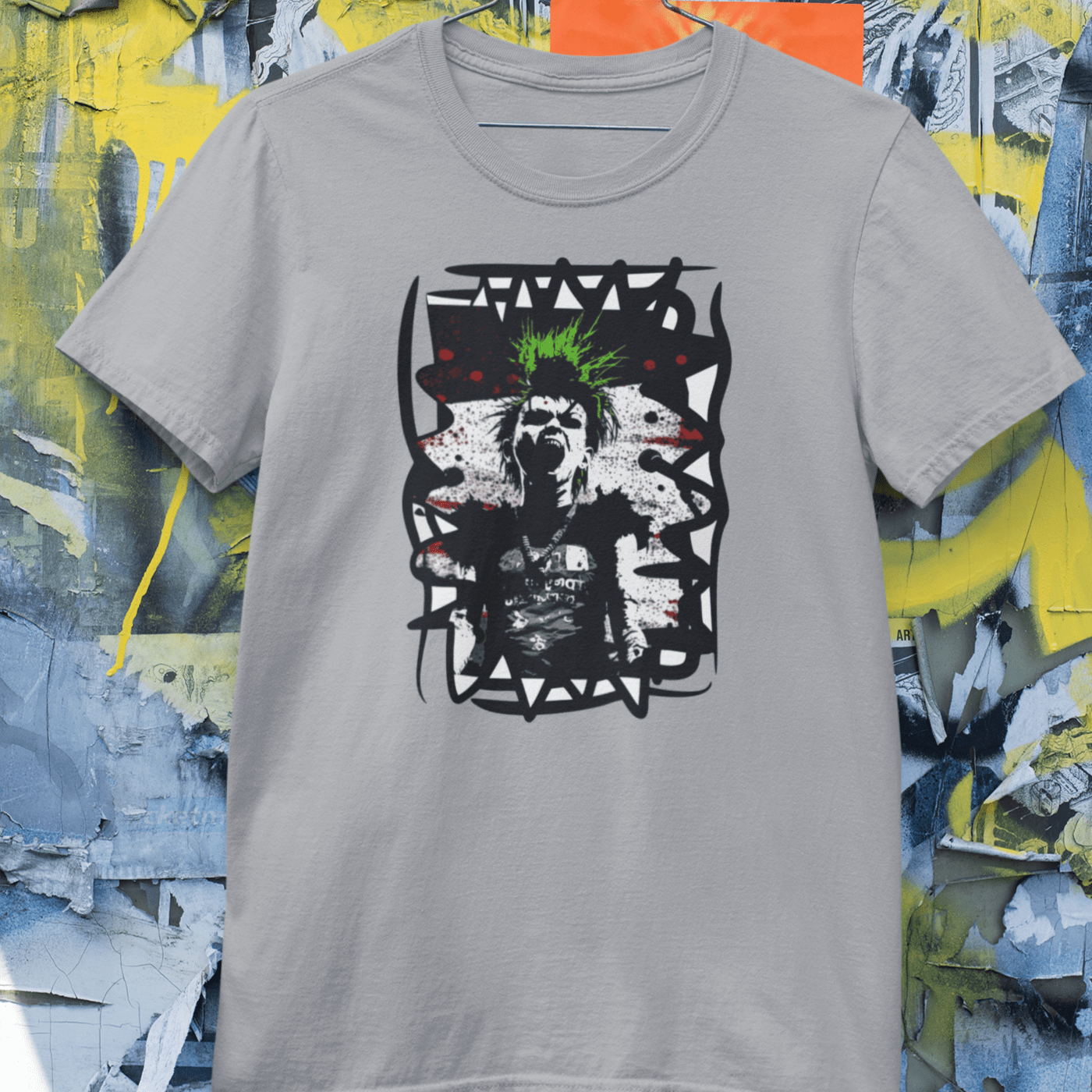 t-shirt featuring a bold graphic of a punk singer with spiked hair, holding a microphone and singing passionately.