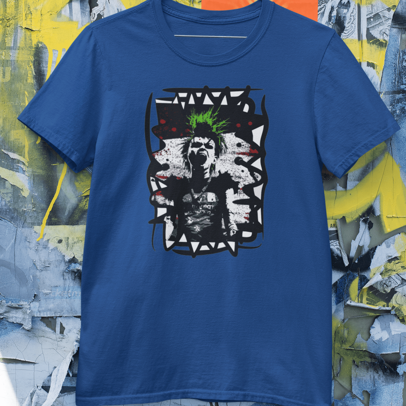 t-shirt featuring a bold graphic of a punk singer with spiked hair, holding a microphone and singing passionately.