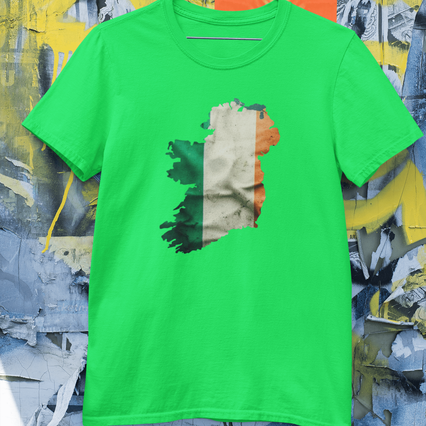 Green, white, and orange Irish flag graphic on a t-shirt.