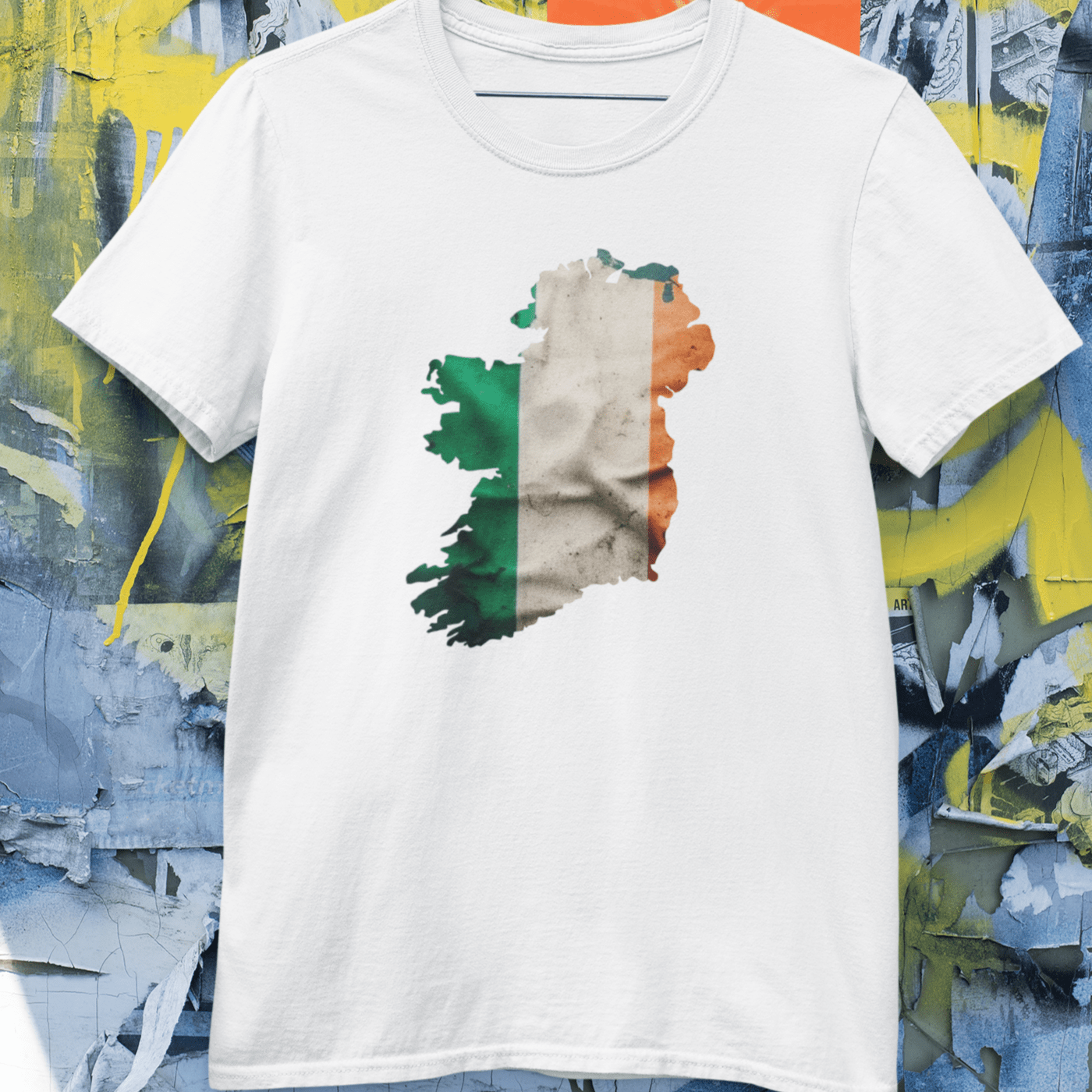 Green, white, and orange Irish flag graphic on a t-shirt.