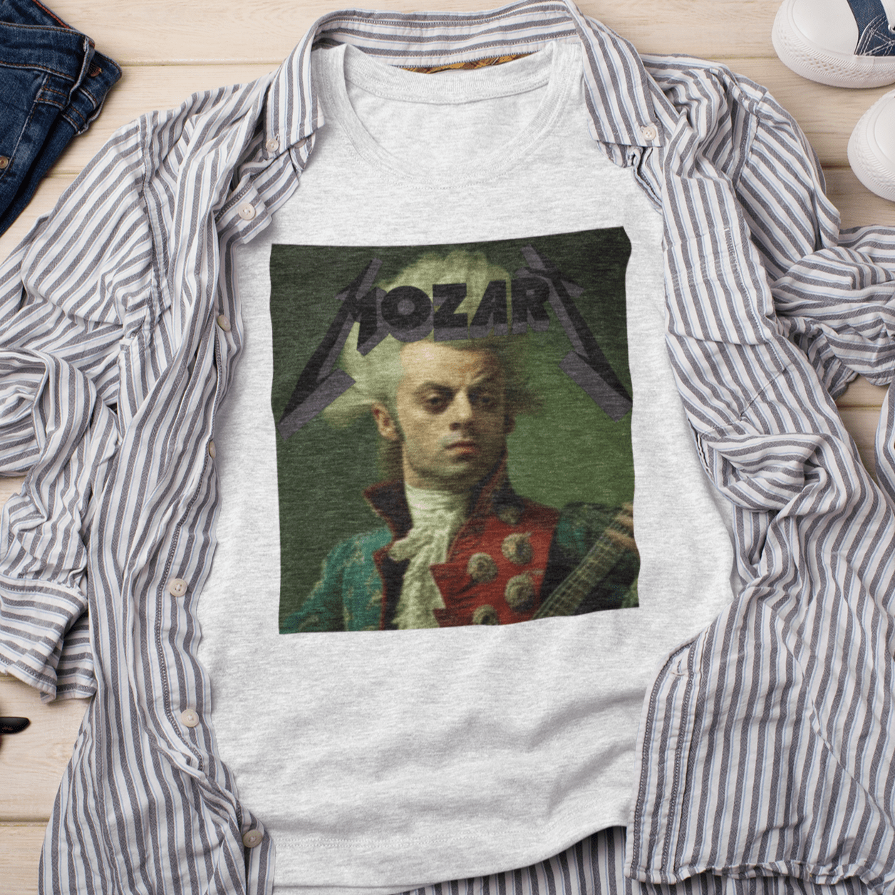 T-shirt featuring a portrait of Wolfgang Amadeus Mozart in a metal music style