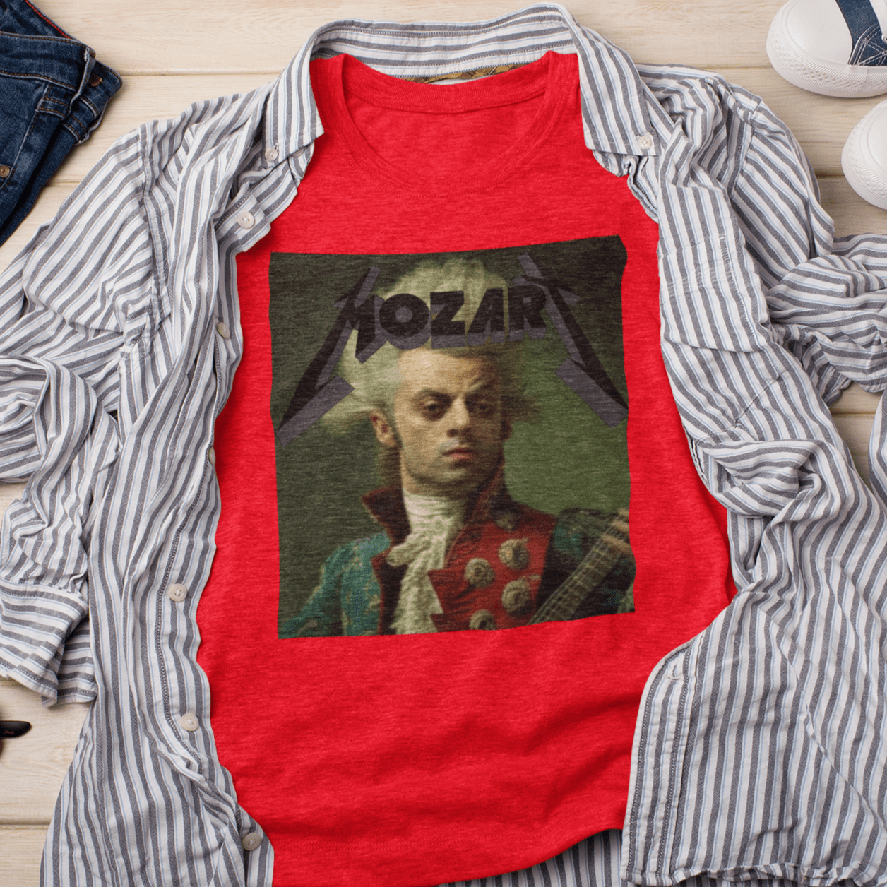 T-shirt featuring a portrait of Wolfgang Amadeus Mozart in a metal music style