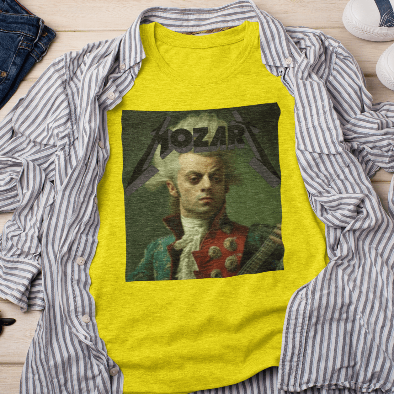 T-shirt featuring a portrait of Wolfgang Amadeus Mozart in a metal music style