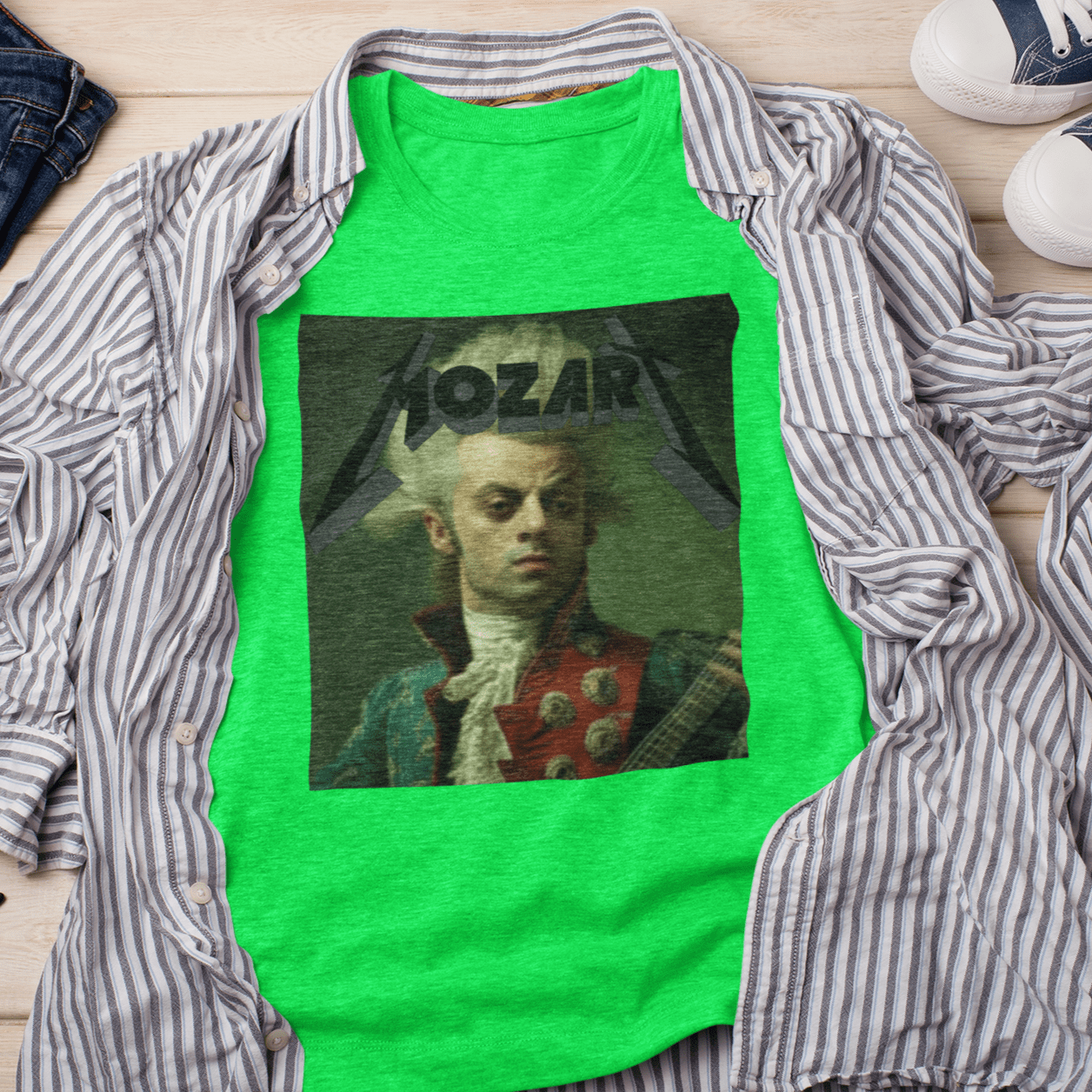 T-shirt featuring a portrait of Wolfgang Amadeus Mozart in a metal music style