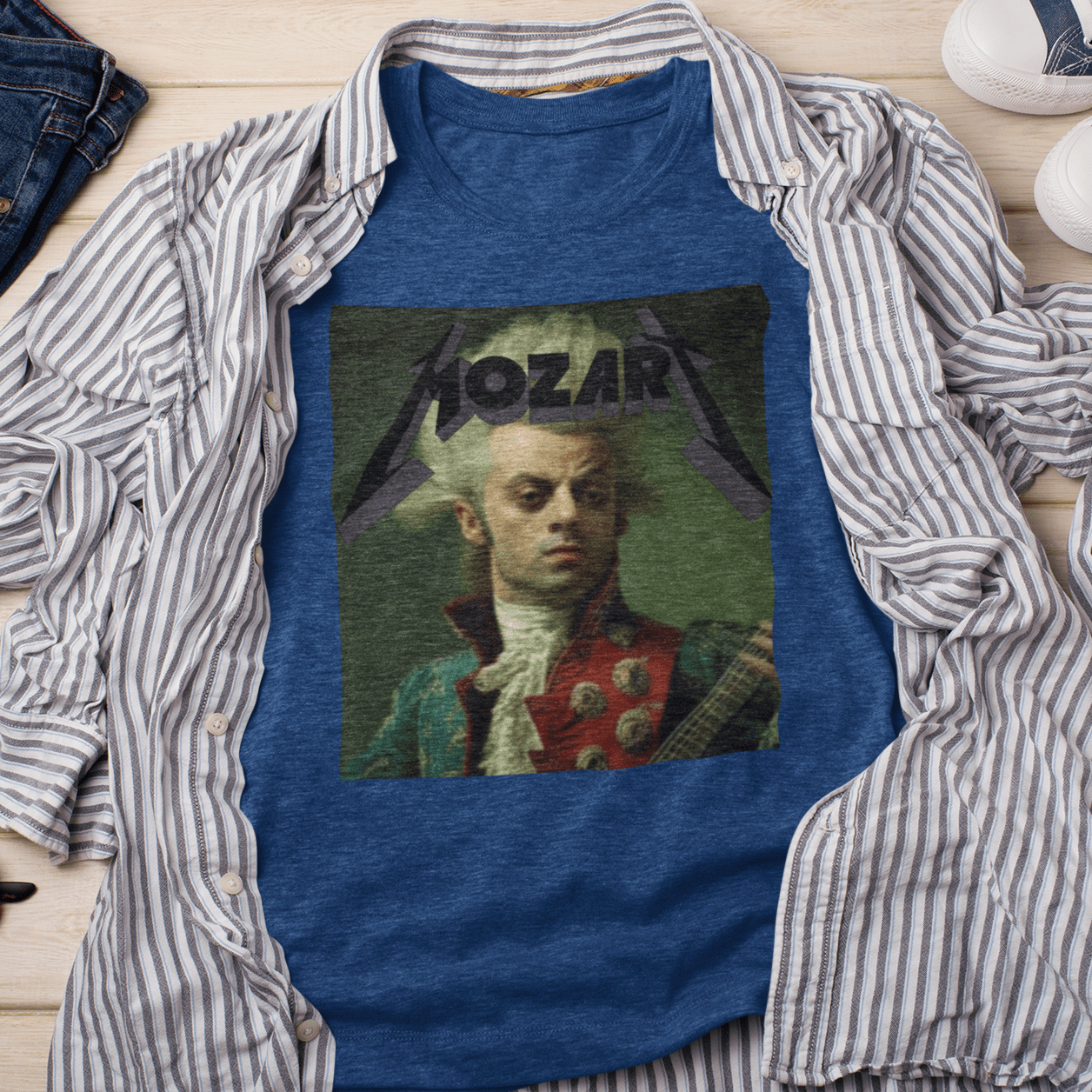 T-shirt featuring a portrait of Wolfgang Amadeus Mozart in a metal music style
