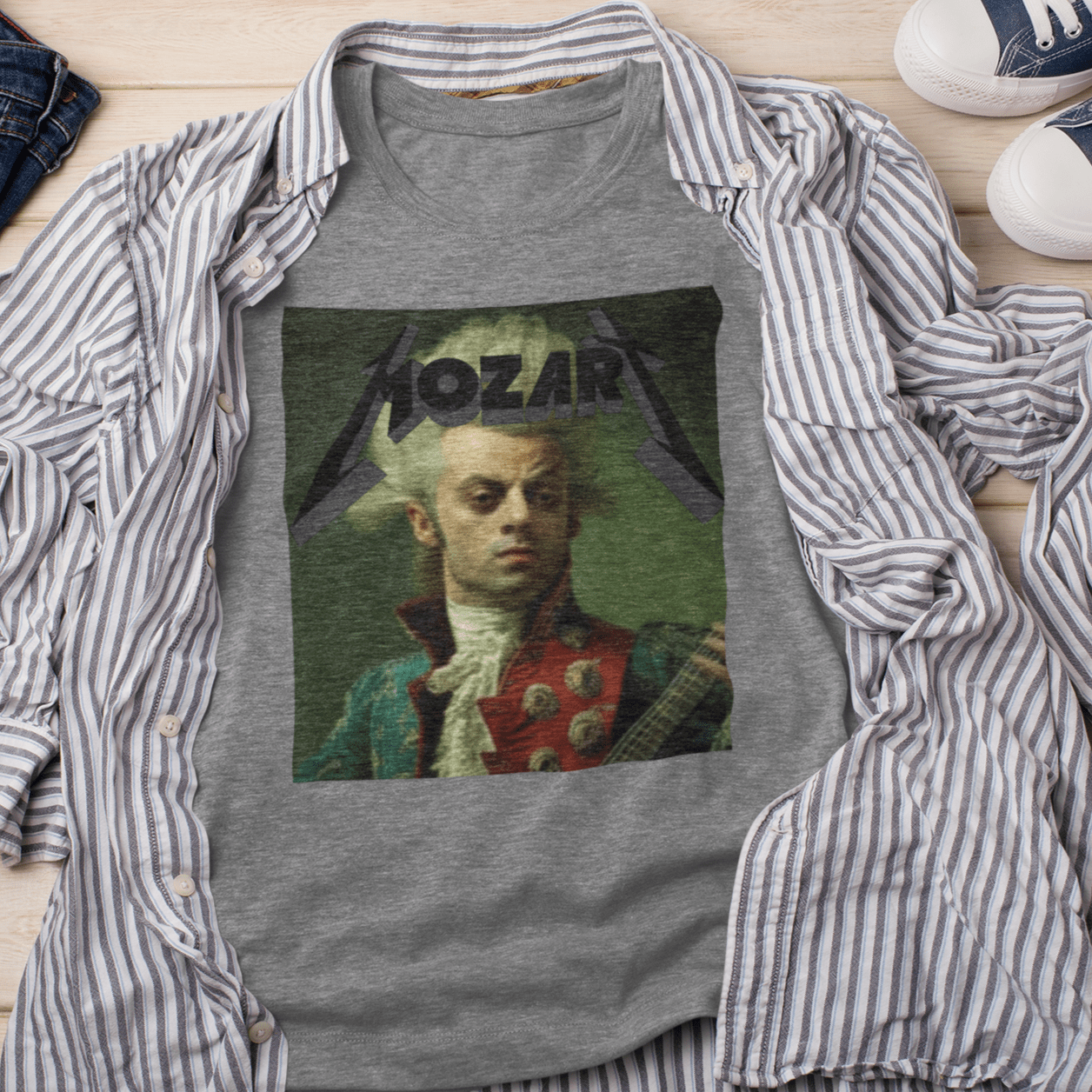 T-shirt featuring a portrait of Wolfgang Amadeus Mozart in a metal music style