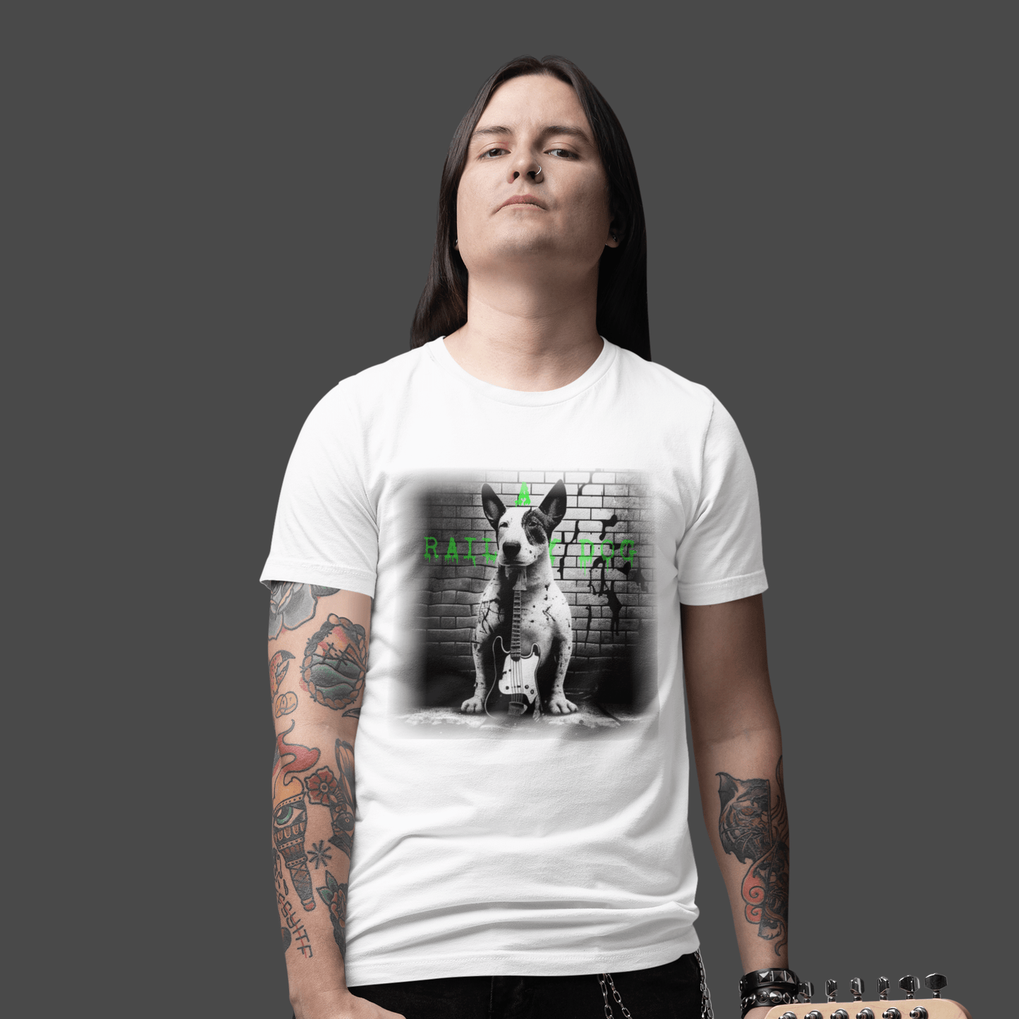 T-shirt featuring a Bull Terrier with a bass guitar, perfect for music lovers and dog fans.