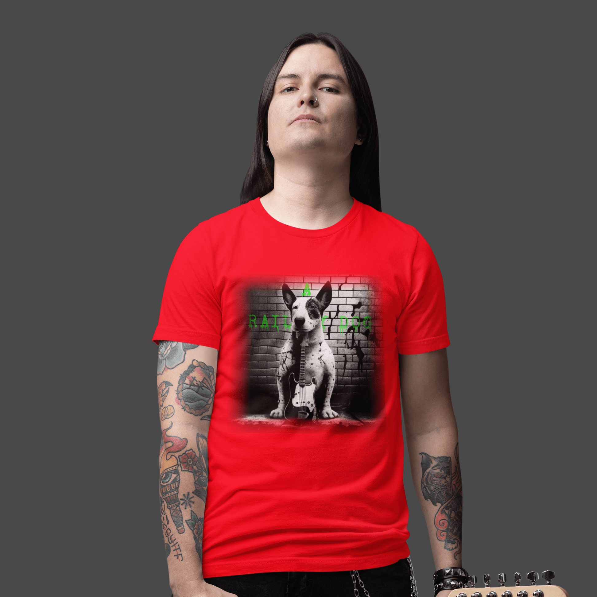T-shirt featuring a Bull Terrier with a bass guitar, perfect for music lovers and dog fans.
