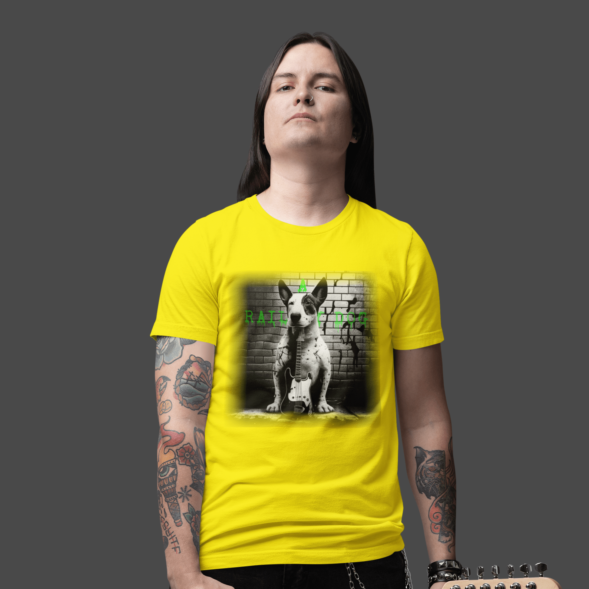 T-shirt featuring a Bull Terrier with a bass guitar, perfect for music lovers and dog fans.