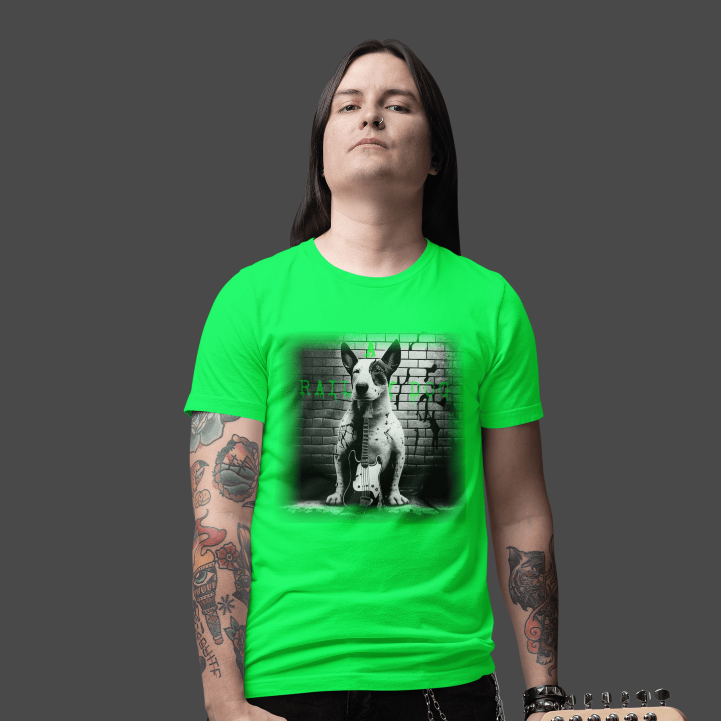 T-shirt featuring a Bull Terrier with a bass guitar, perfect for music lovers and dog fans.