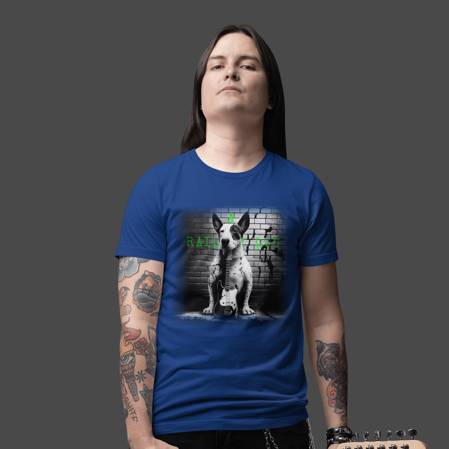 T-shirt featuring a Bull Terrier with a bass guitar, perfect for music lovers and dog fans.