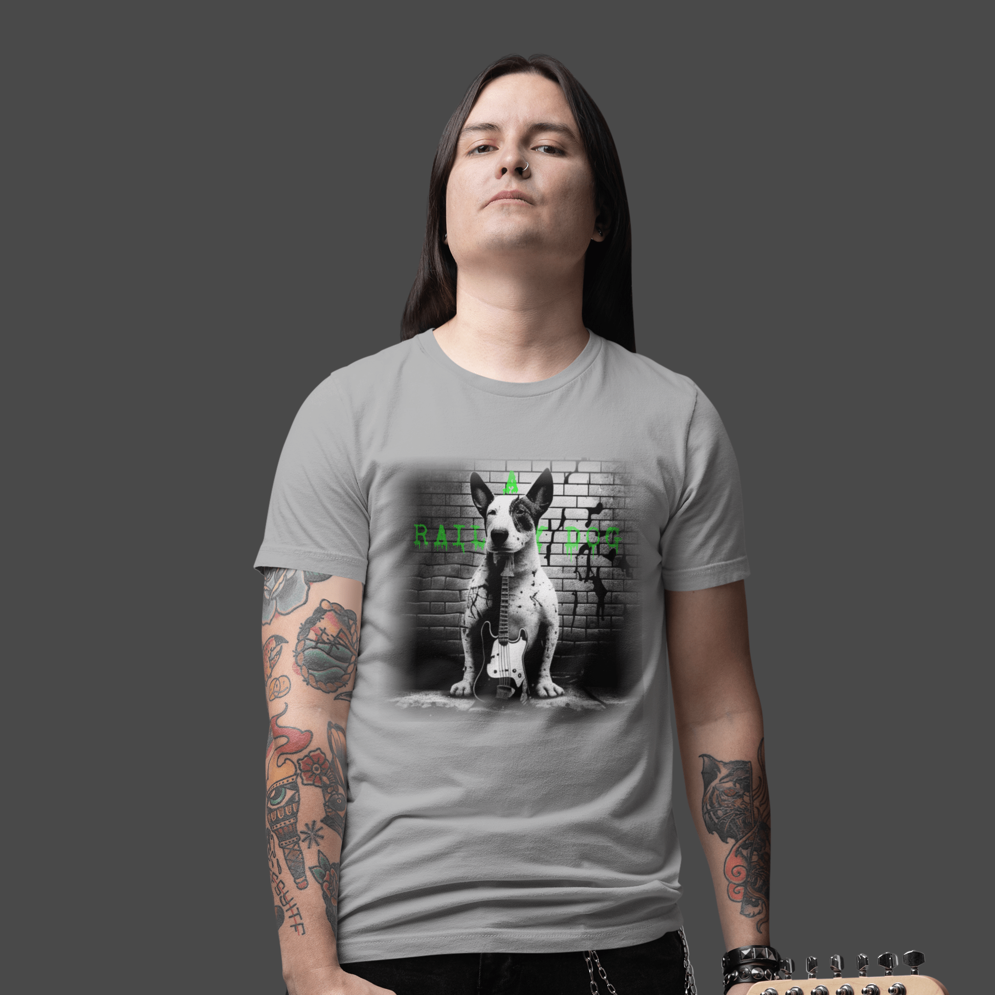 T-shirt featuring a Bull Terrier with a bass guitar, perfect for music lovers and dog fans.