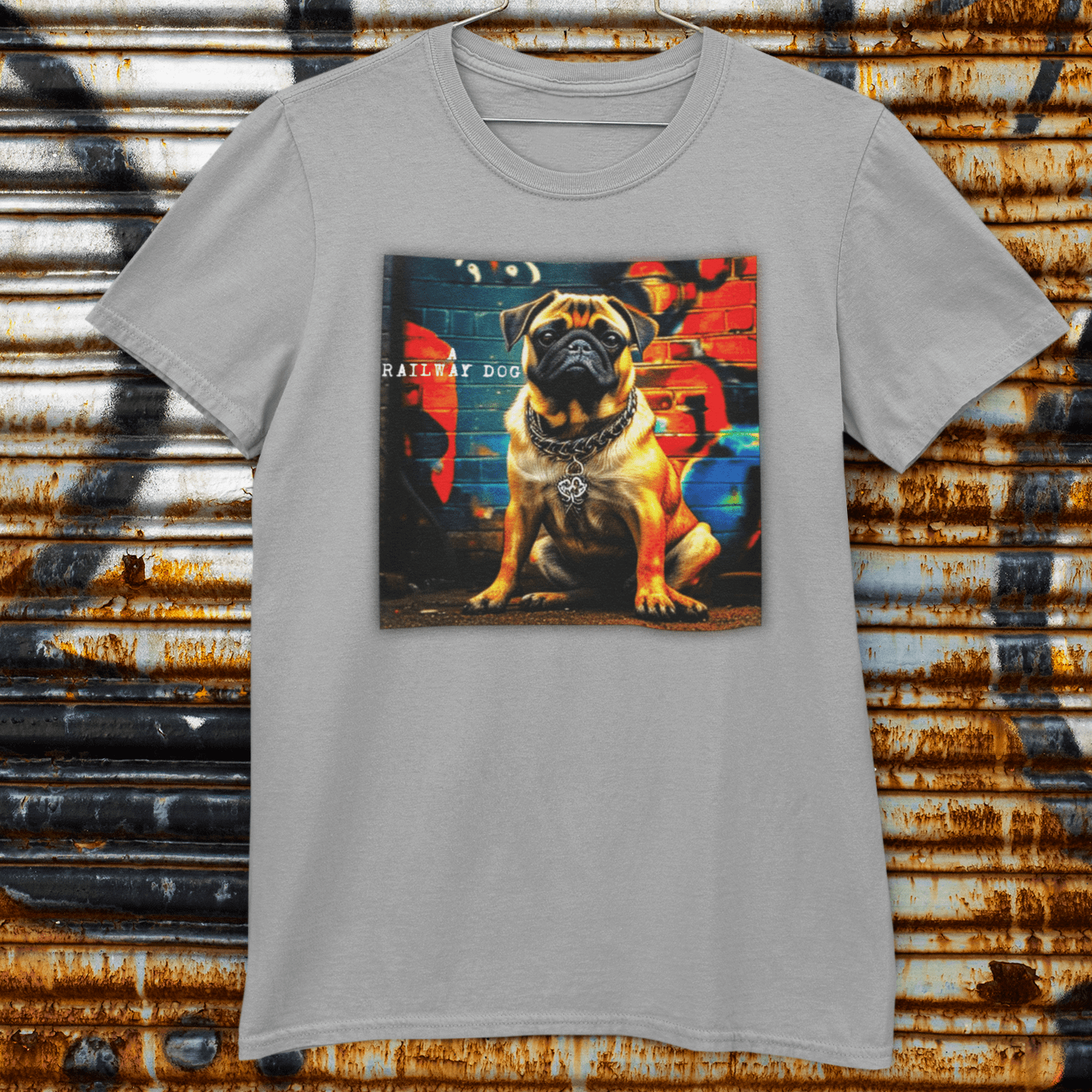 T-shirt featuring a graphic image of a Pug dog.