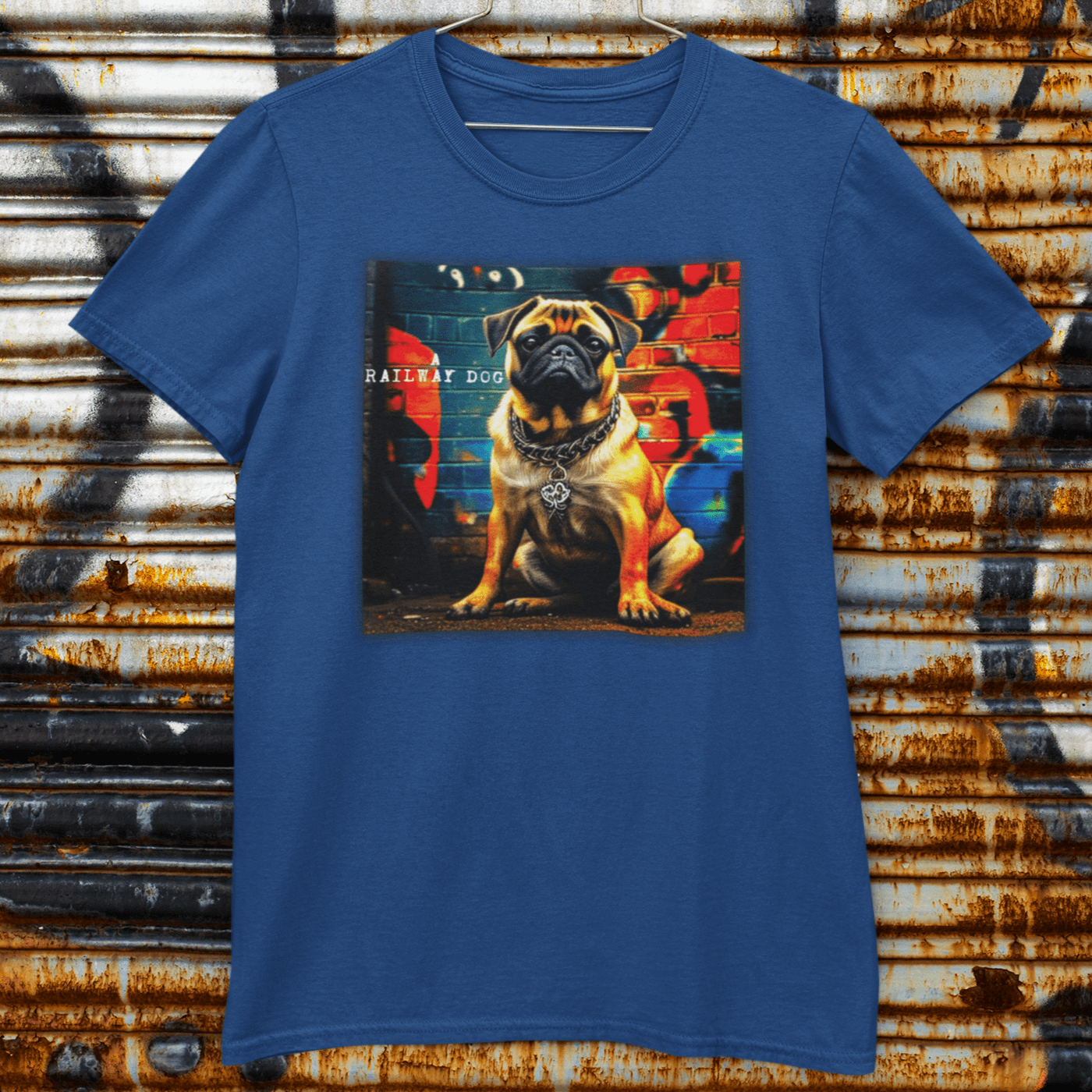 T-shirt featuring a graphic image of a Pug dog.