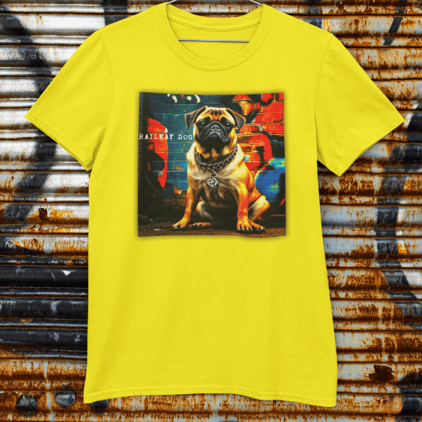 T-shirt featuring a graphic image of a Pug dog.