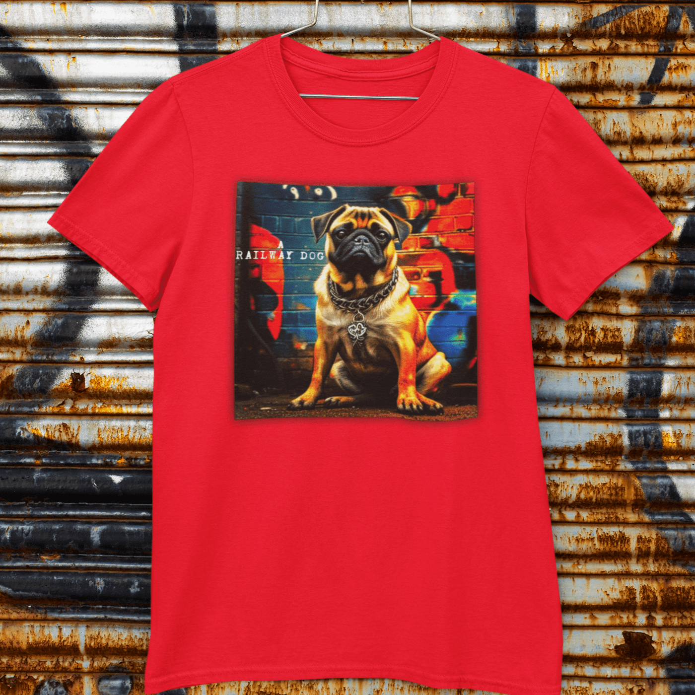 T-shirt featuring a graphic image of a Pug dog.