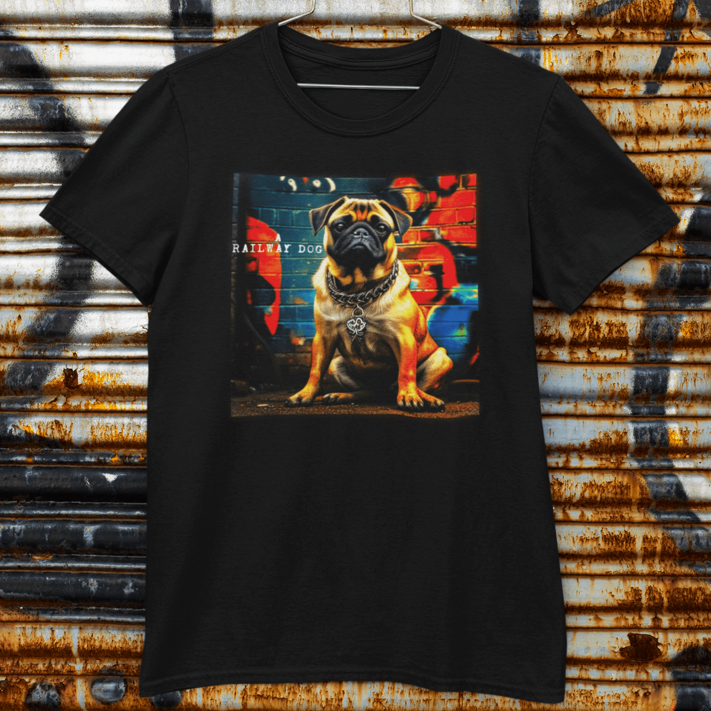 T-shirt featuring a graphic image of a Pug dog.