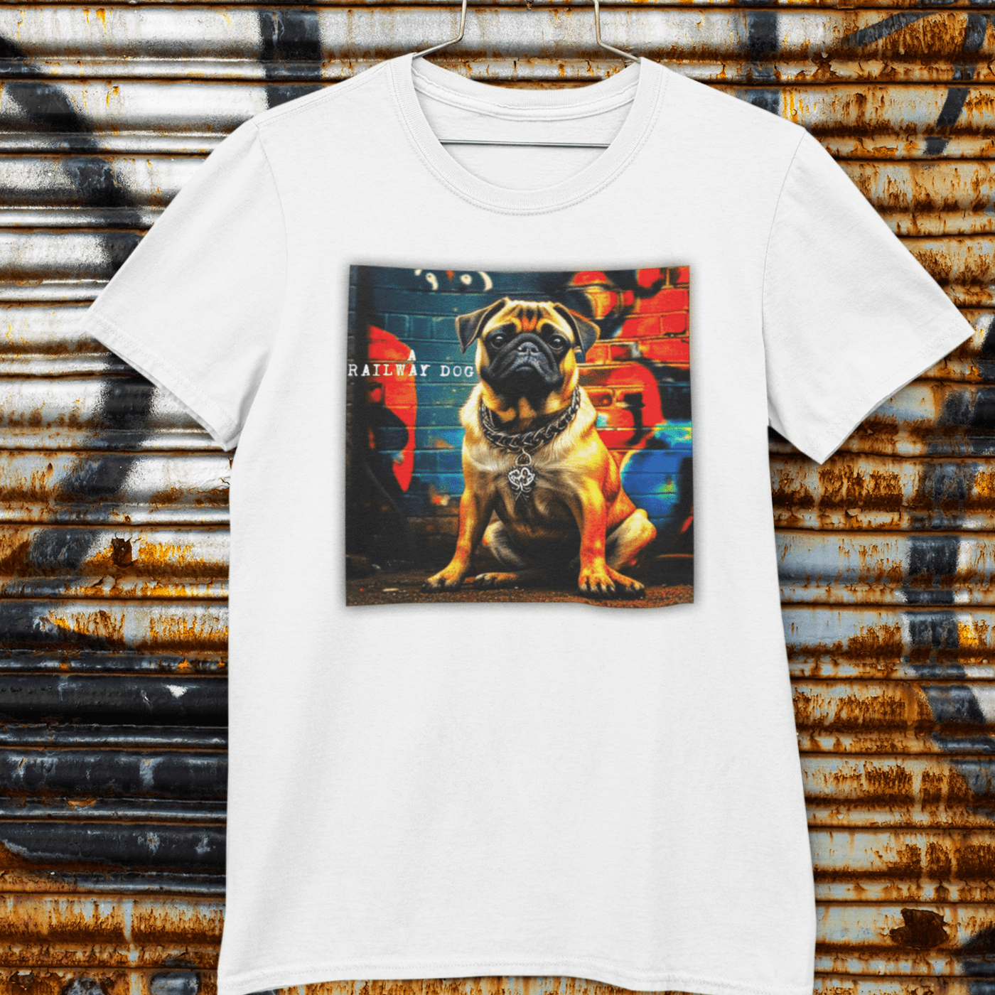 T-shirt featuring a graphic image of a Pug dog.