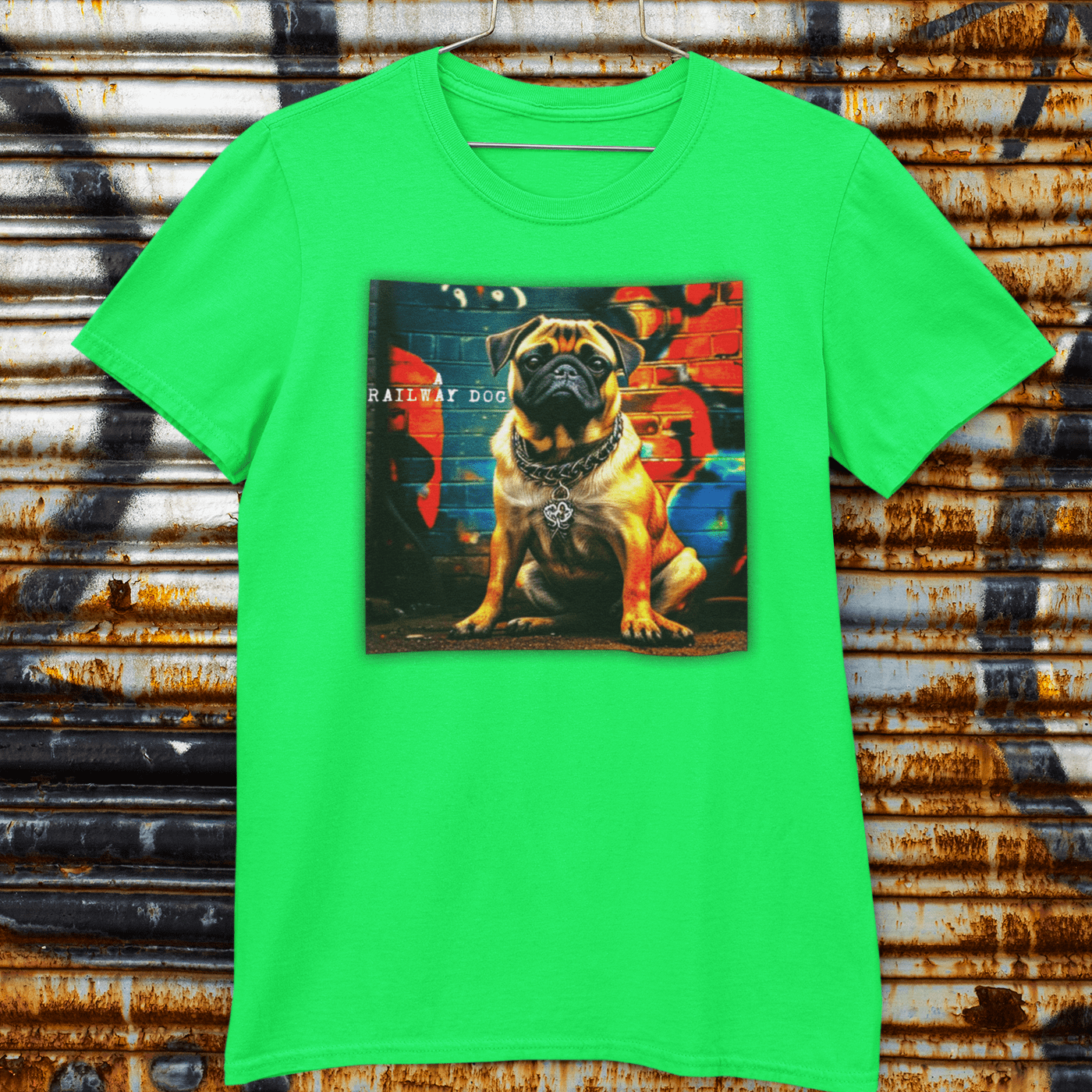 T-shirt featuring a graphic image of a Pug dog.