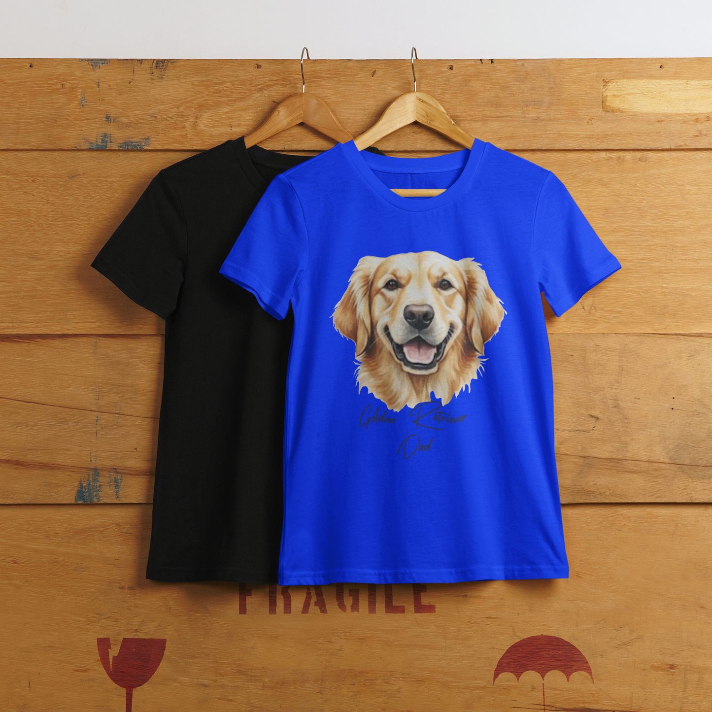 Black and blue t-shirts with a dog graphic on a wooden background