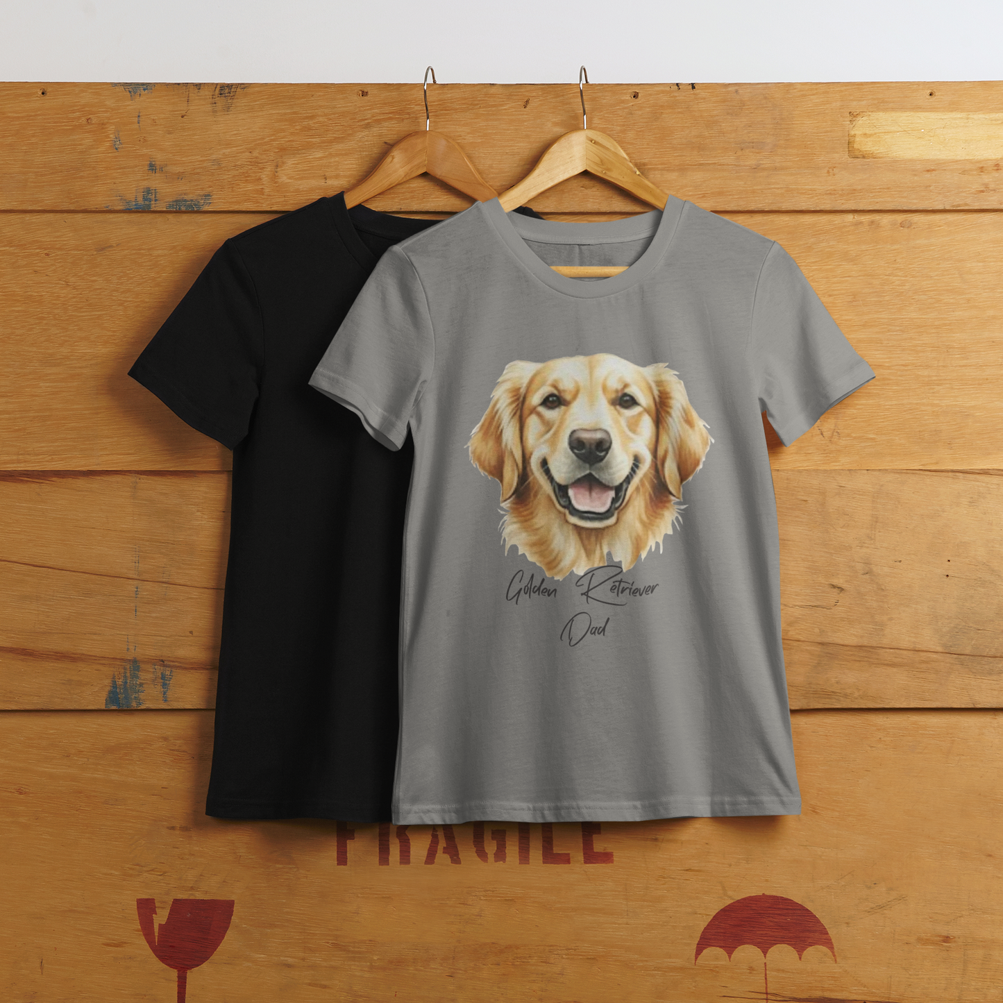 Black and gray t-shirts with a dog illustration on a wooden background