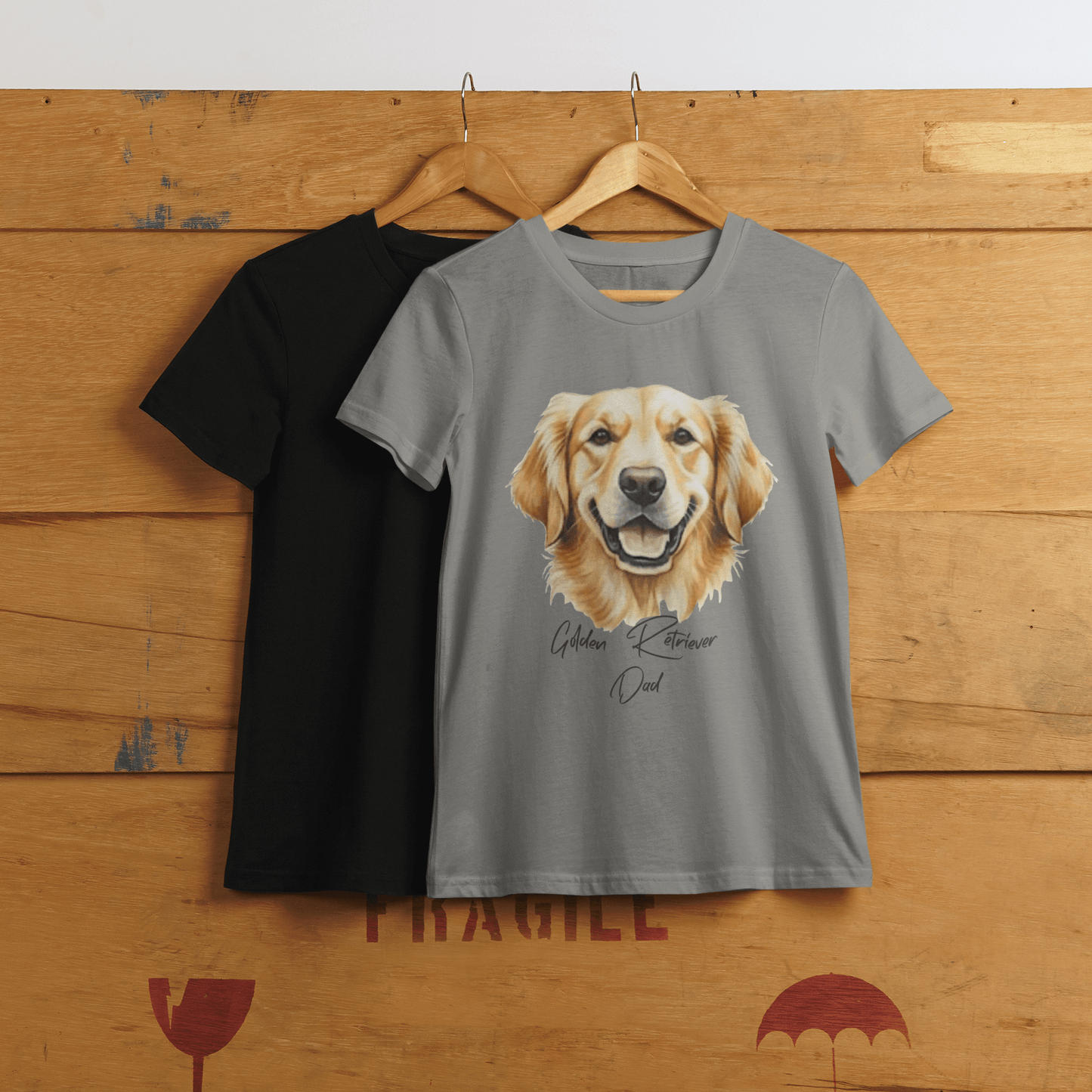 Black and gray t-shirts with a dog illustration on a wooden background